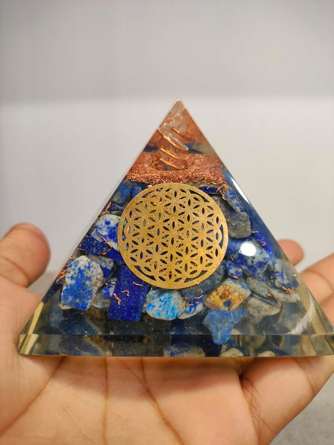 Lapis Lazuli Orgone Pyramid – Wealth, Success & Spiritual Growth | Orgonite Pyramid with Flower of Life for Chakra Healing & Energy Protection