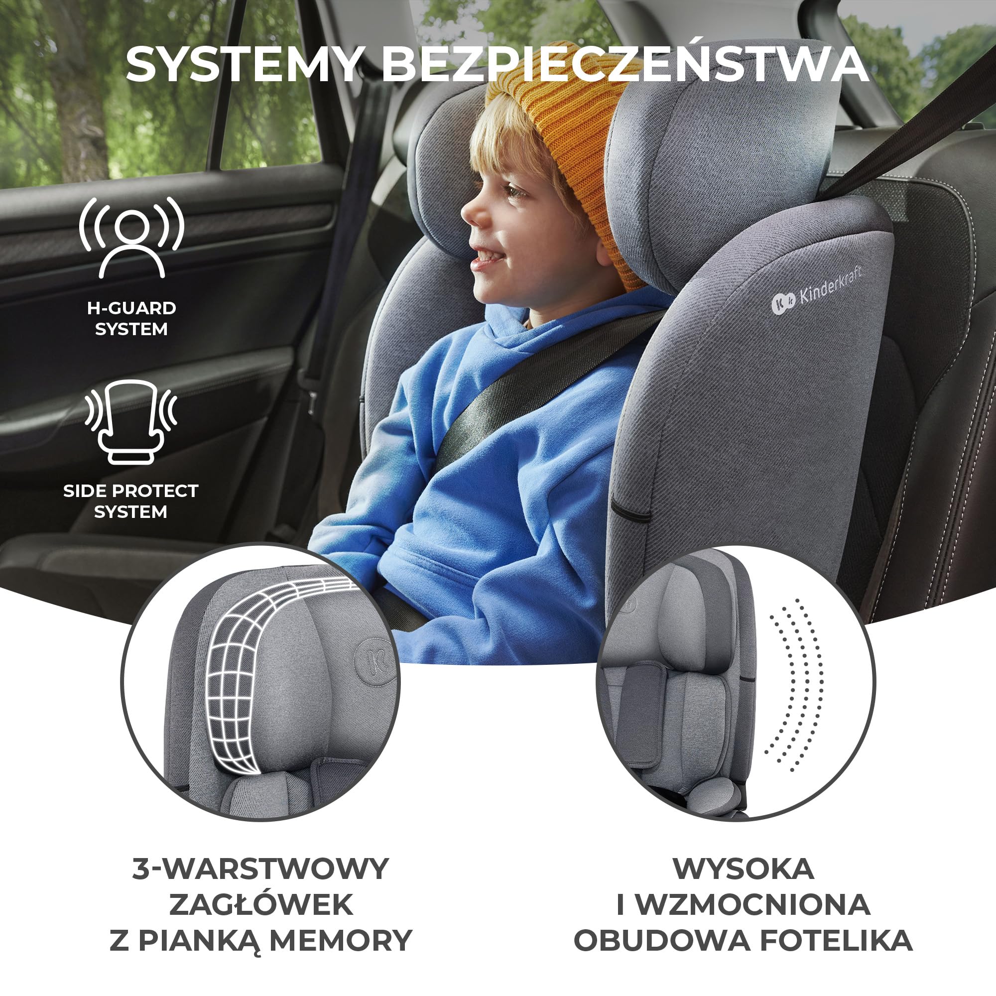 Kinderkraft ONETO3 Fotelik samochodowy z bazą, I-Size 76 do 150 cm, Systemy bezpieczeństwa, Isofix, Reclining, Wzmocniony zagłówek, Wkładka dla najmłodszych, Grupa wiekowa 1/2/3, do 36 kg, Szary