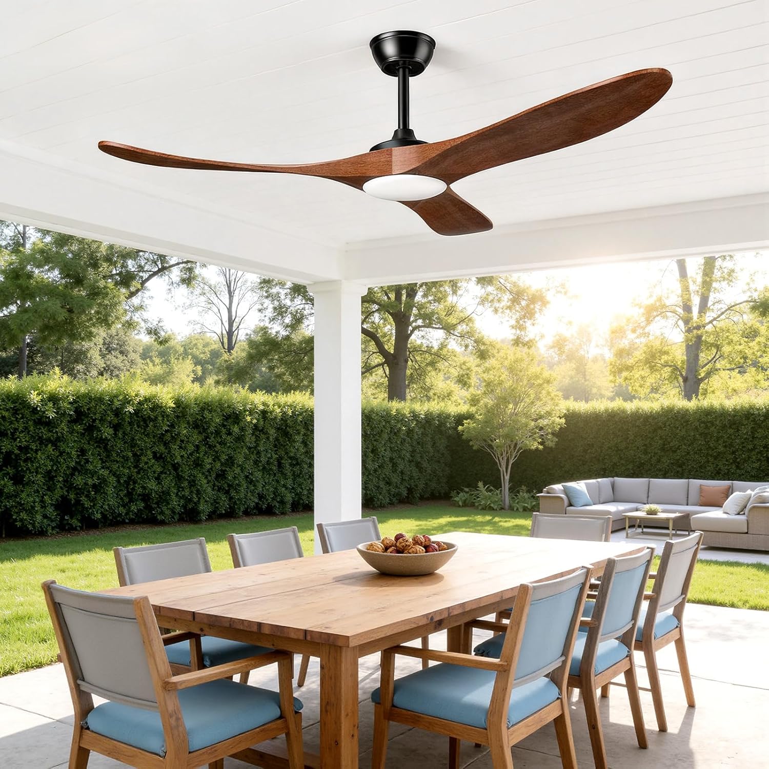 Outdoor Ceiling Fans with Lights 52 Inch, 3 Downrods, Remote Control, Indoor 3 Blade Wood Walnut Fan, DC Motor, Propeller LED Ceiling Fan for Living Room, Farmhouse, Patios, Porch