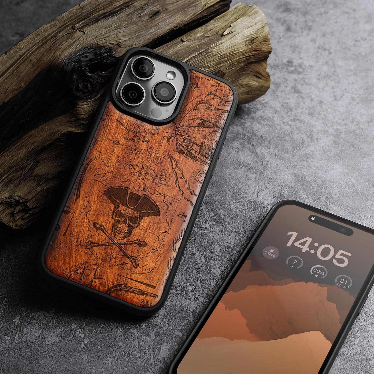 Carveit Magnetic Wooden Case for iPhone 16 Pro Case, Wood Artisan Engraved & Black Soft TPU Shockproof Cover, Compatible with MagSafe Wireless Chargers (Pirate Flag) Rosy