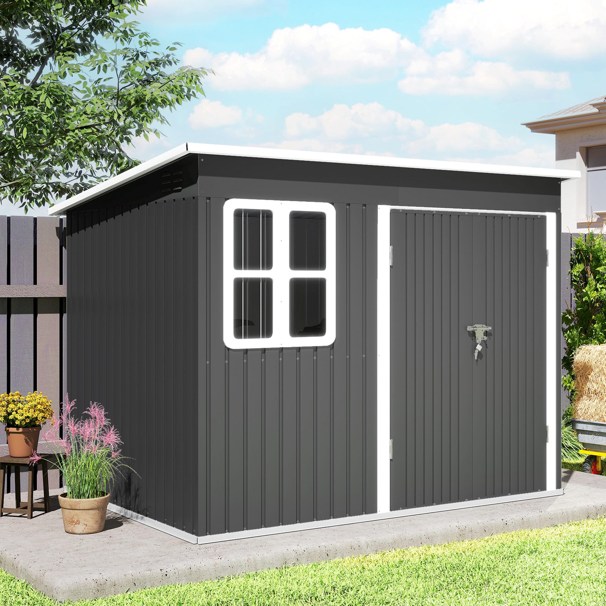 Outsunny Abri de jardin en métal 260 x 177 x 190 cm - 4,13 m² - Avec fenêtre - Toit en appentis - Porte verrouillable - Résistant aux intempéries