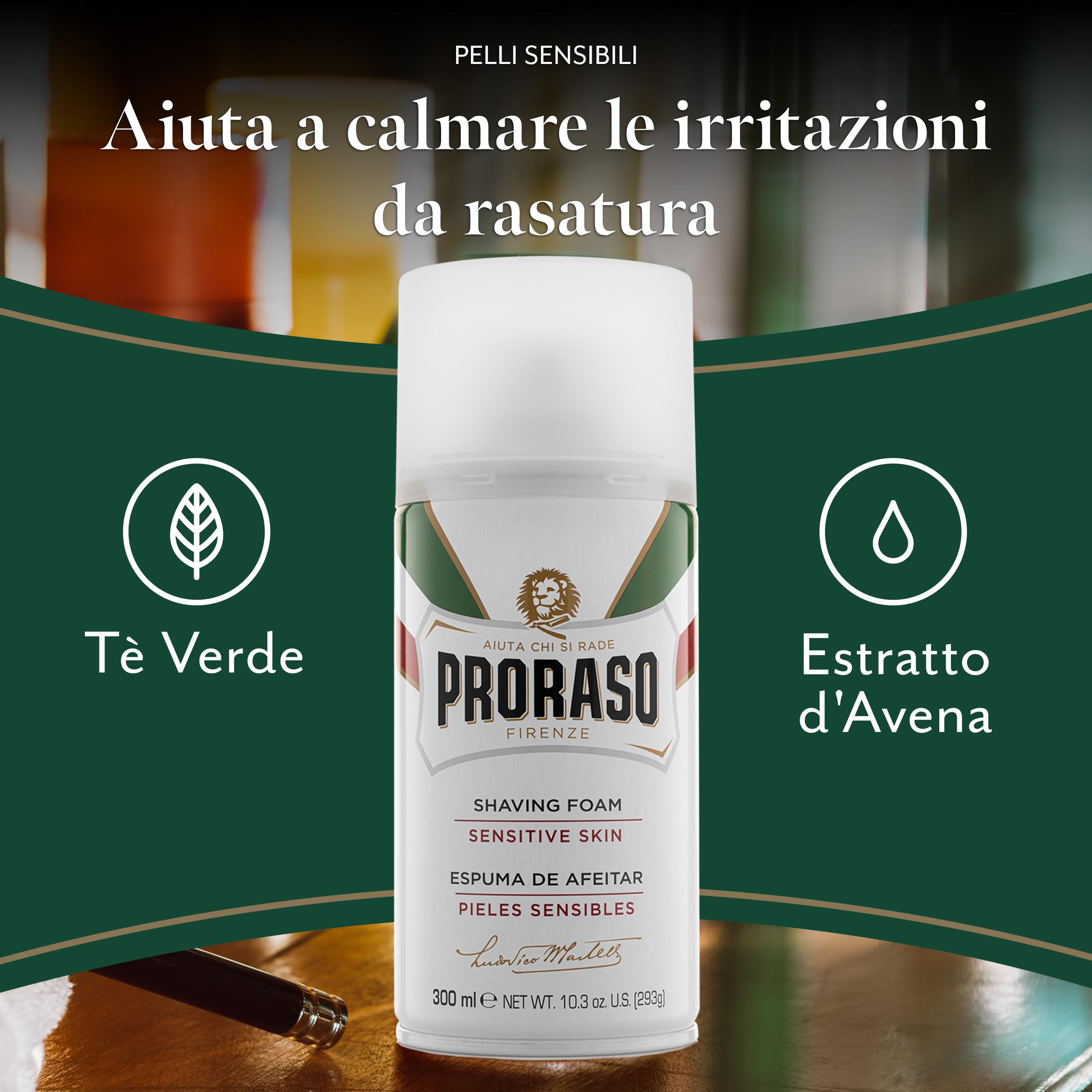 Proraso Schiuma da Barba Pelli Sensibili, 4 x 300ml, Schiuma barba Anti Irritazione con Estratti di Avena e Tè Verde, Made in Italy