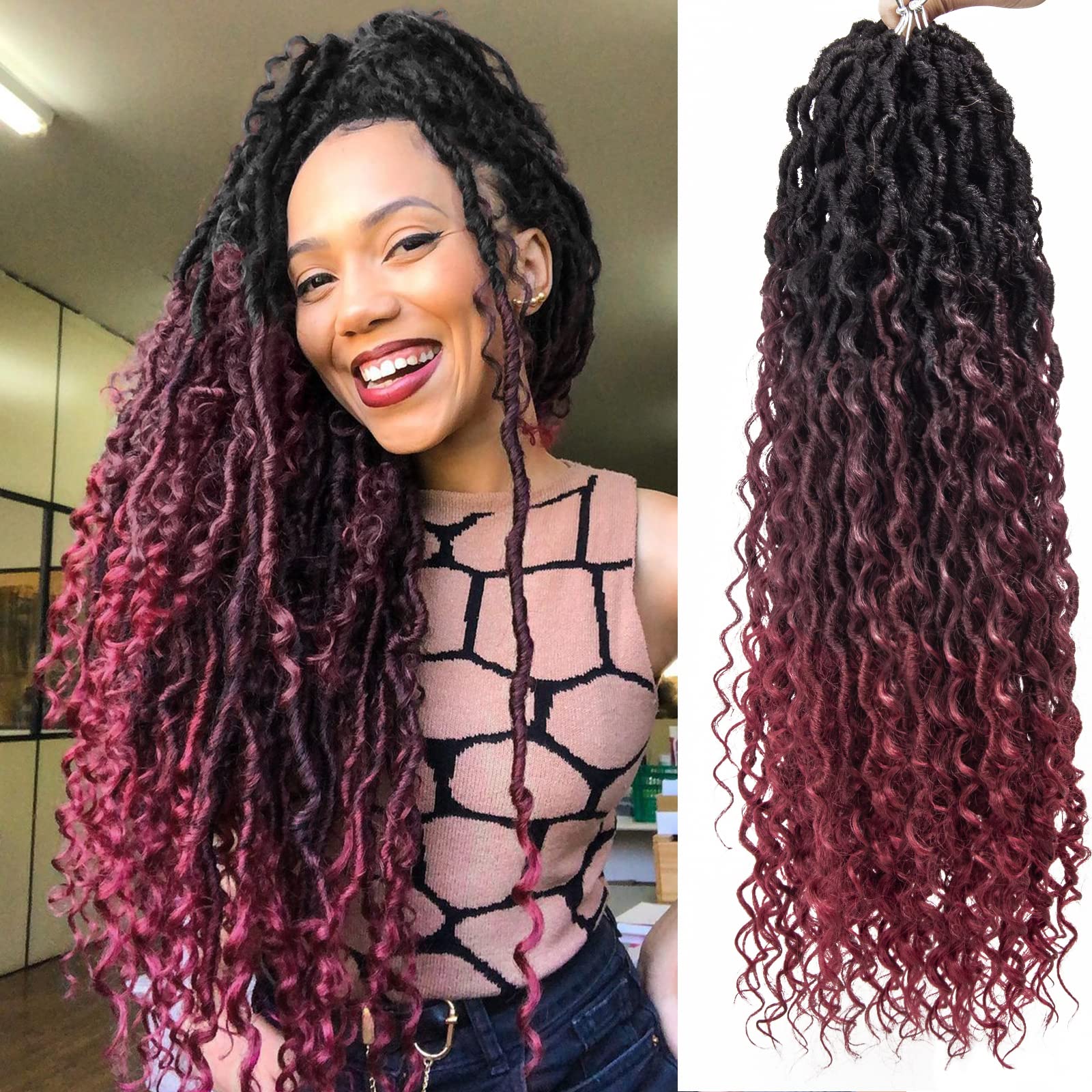 8Packs Goddess Locs Crochet Hair 22Inch Boho Faux Locs,Crochet Locs With Curly Ends River Hippie Locs Bohemian Locs Crochet Hair(1B/99J/530, 22inch(