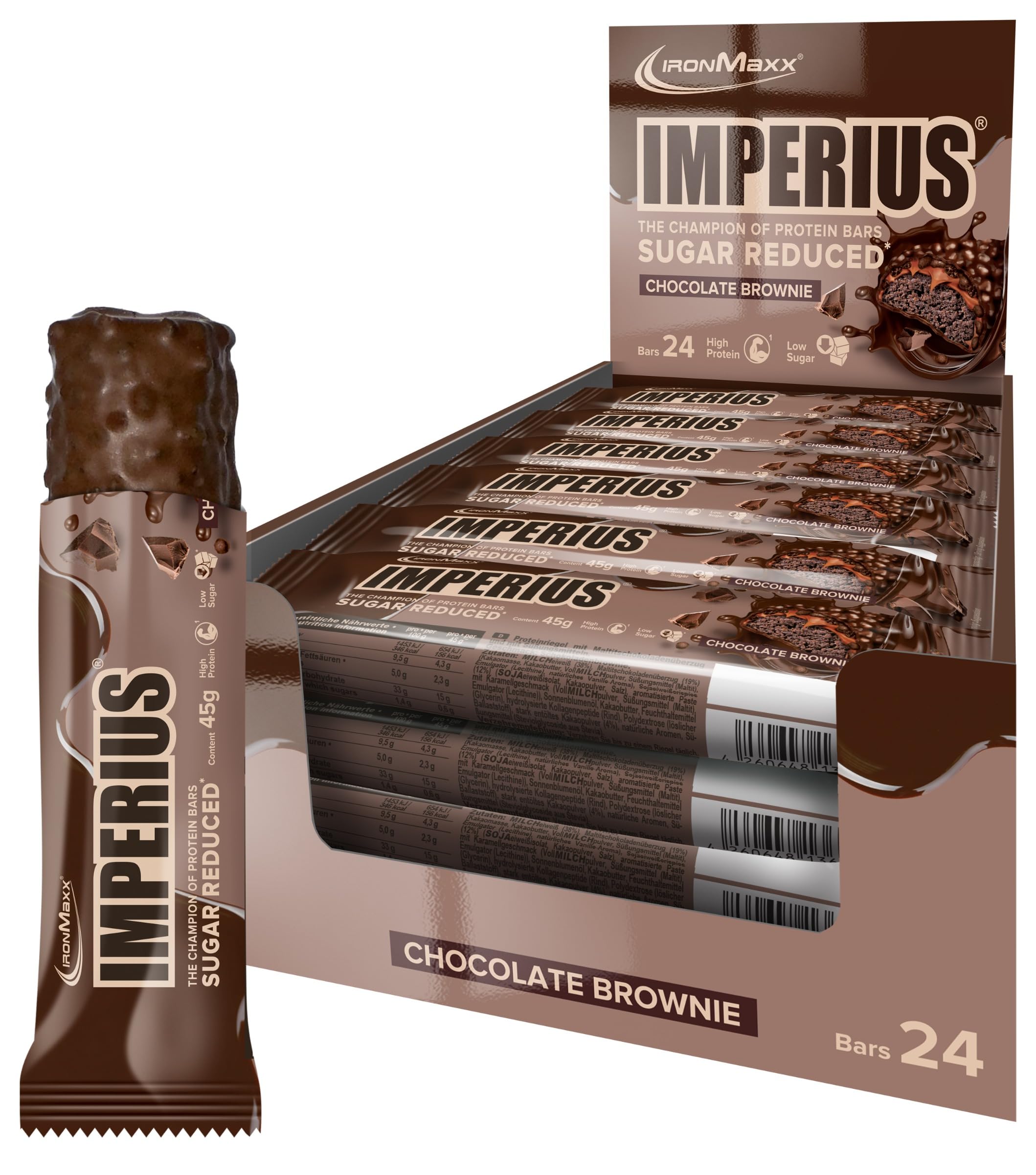 IronMaxx Imperius - Chocolate Brownie 24x45g | Barritas bajas en azúcar con crujientes de soja | Alta en proteínas y reducción de azúcar para un snack crujiente y nutritivo