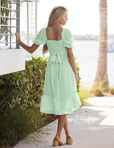 Vista 4 de MEROKEETY - Vestido de verano con lunares suizos para mujer vestido midi con cuello cuadrado, mangas abombadas, volados, lazo en la espalda