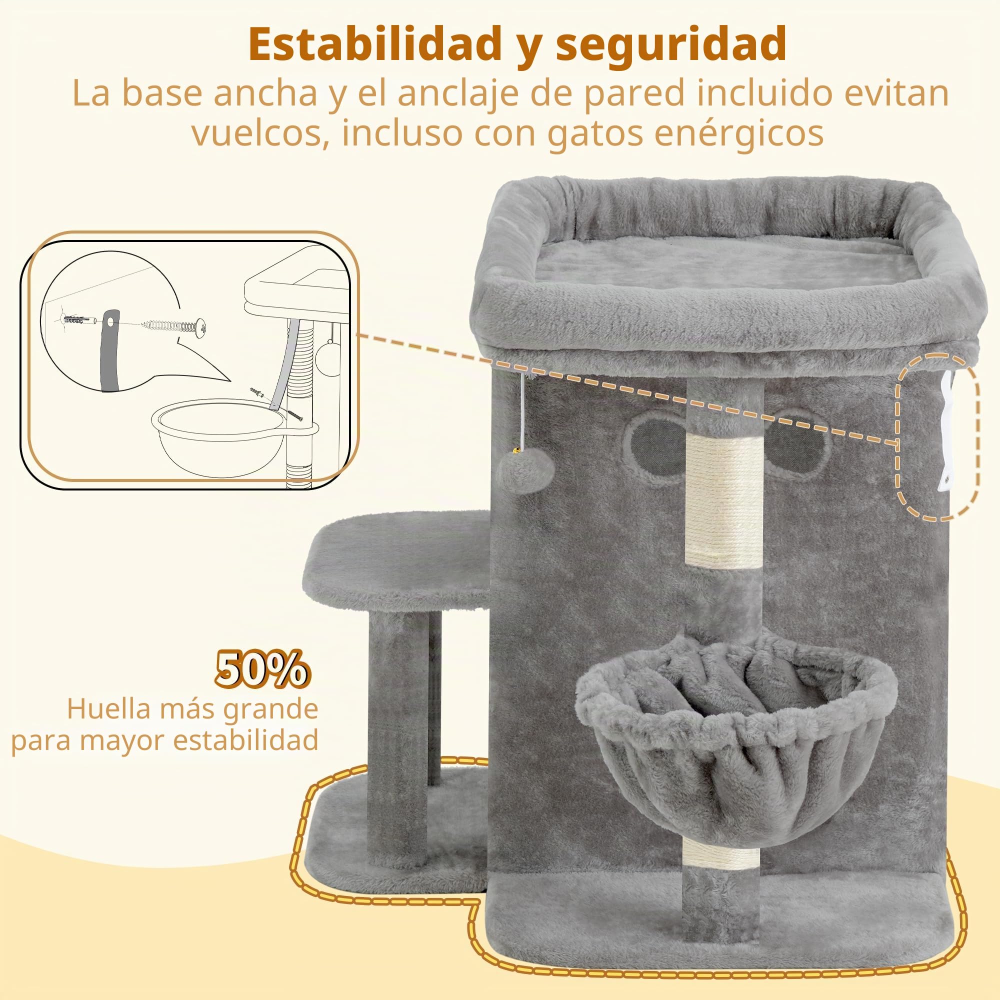 Heybly Árbol para Gatos, 65 cm de Altura, con una Plataforma Superior Extragrande, Cesta para Gatos de Dos Pisos, Rascador de Sisal, Cesta y Juguetes para Gatos, Gris Claro HCT204SW