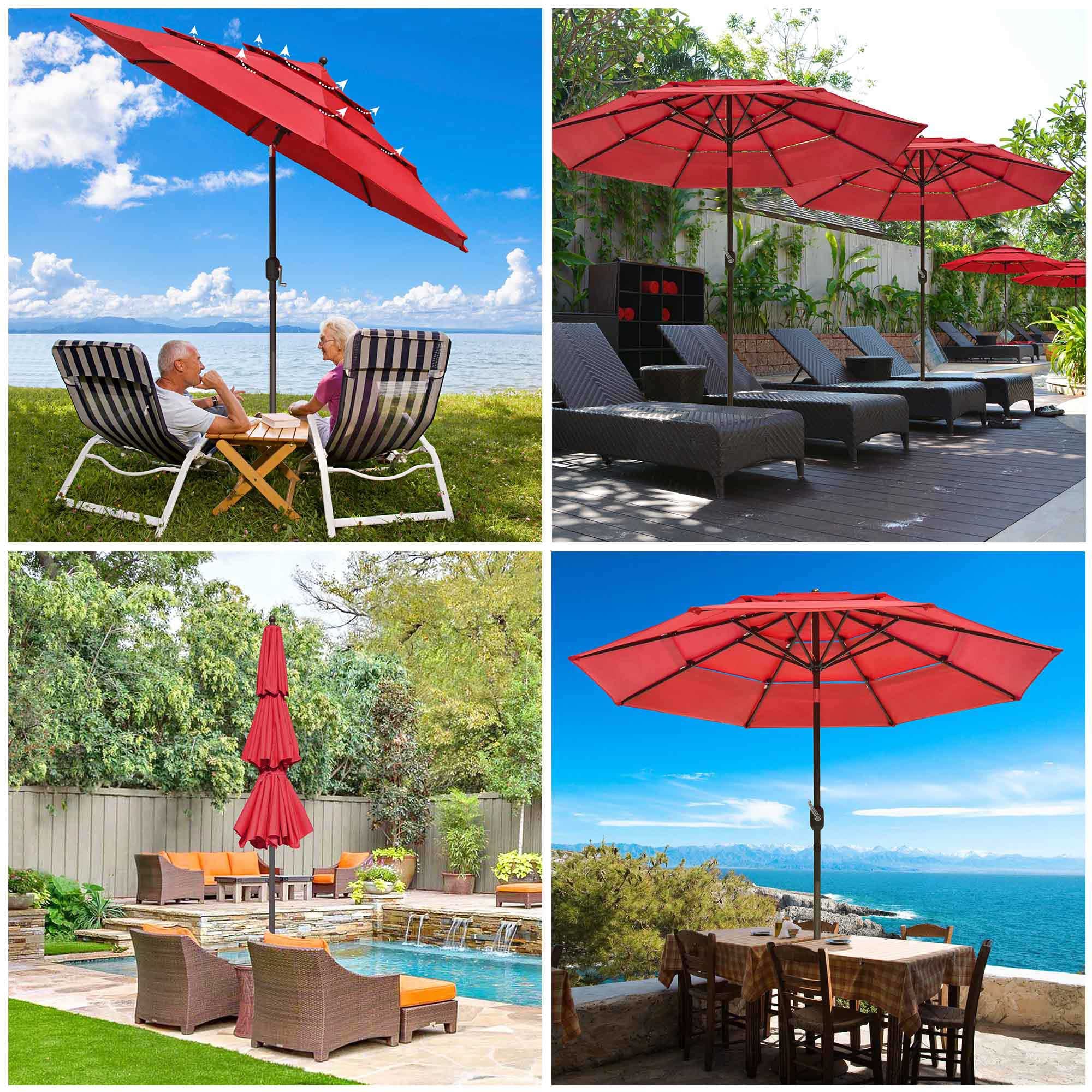 Yescom 10FT 3 Tier UV70+ Aluminum Push Tilt Patio Umbrella Crank Handle Water Resistant for Outdoor Beach Yard Deck Table Garden Backyard Red