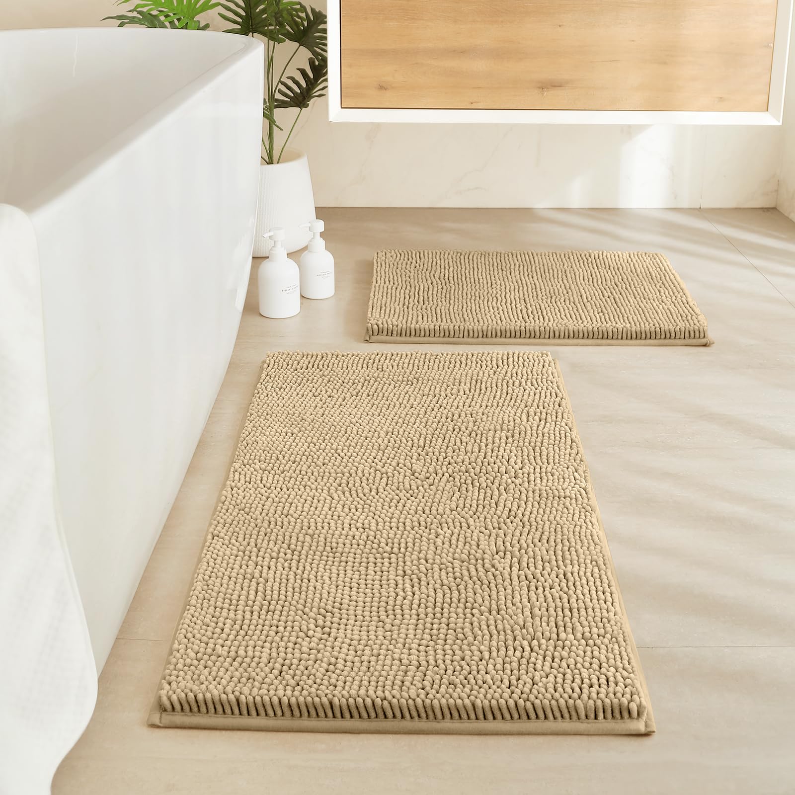 HOMEIDEAS 2 Pieces Bathroom Rugs, Non Slip Absorbent Chenille Toilet Bath Mat Set (Beige)
