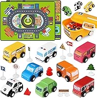 Vinkp 22PCS Wooden Toddler Toy Cars & Trucks Set with Double-Sided Playmat, Car Storage Box - Montessori Educational Vehicles for Boys Girls 1-3 Years