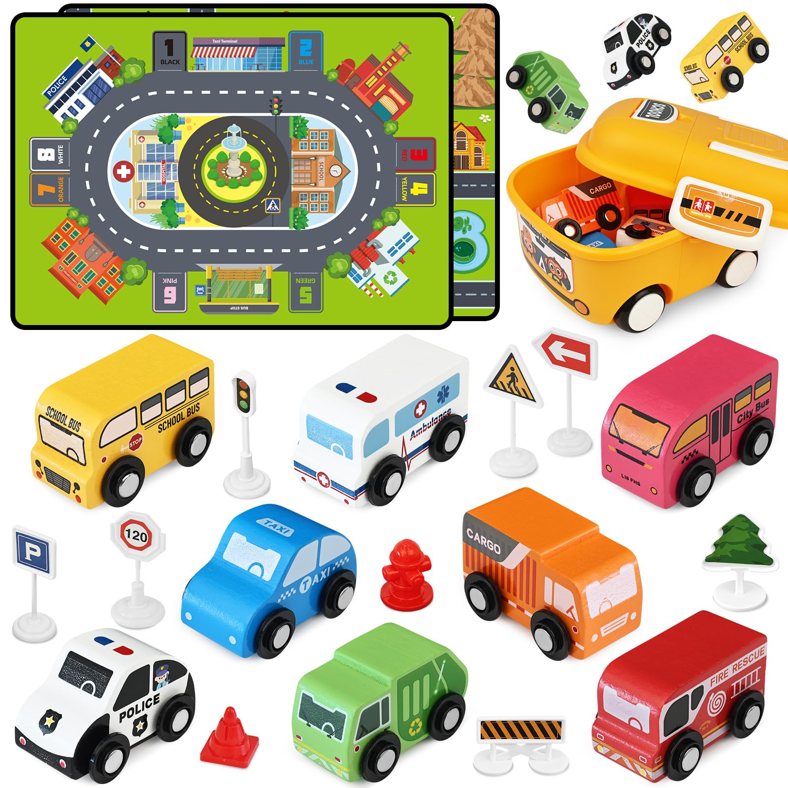 Toddler Car Toys, Toy Cars for Toddlers, Wooden Cars Toys for Toddler Boy, 22 PCS Cars and Trucks Toy Vehicles Set with Playmat, Storage Box, Wood Montessori Toys for Baby Birthday Gift