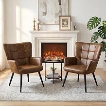 PU Leather Armchair, Modern Mid Century Accent Chair with Backrest & Metal Legs, Wingback Barrel Chair for Living Room Bedroom Home Office Vanity Room, Brown, Set of 2