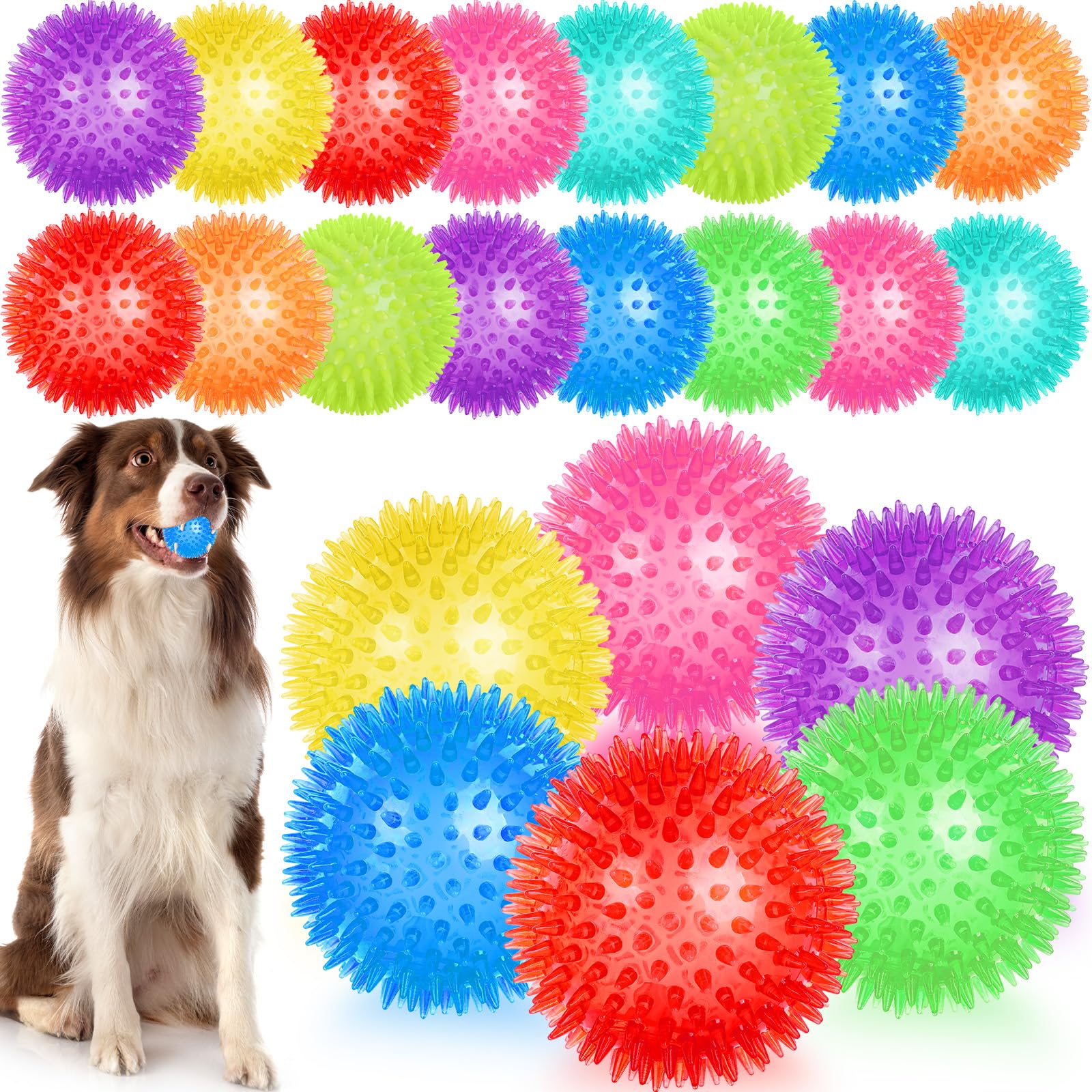 UZLU 12 Pcs 4.5 in Squeaky Dog Toy Balls Spiky Dog Balls Chew for Teething Durable High Bounce TPR Fetch Toy 9 Colors Water Toy for Large Medium Dogs Aggressive Chewers Clean Teeth and Training