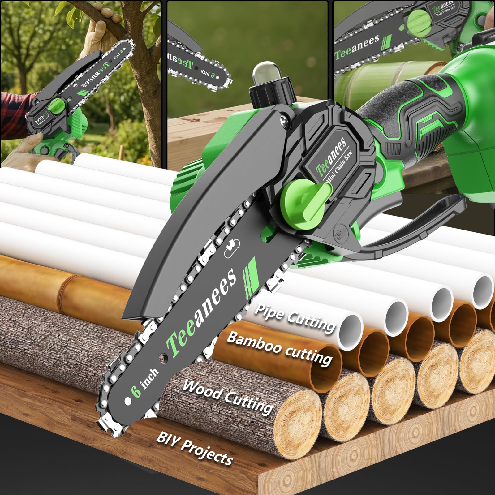 Mini motosierra inalámbrica de 6 pulgadas, motosierra eléctrica alimentada por pilas con engrasador automático, bloqueo de seguridad para cortar madera, podar árboles, jardín y uso doméstico