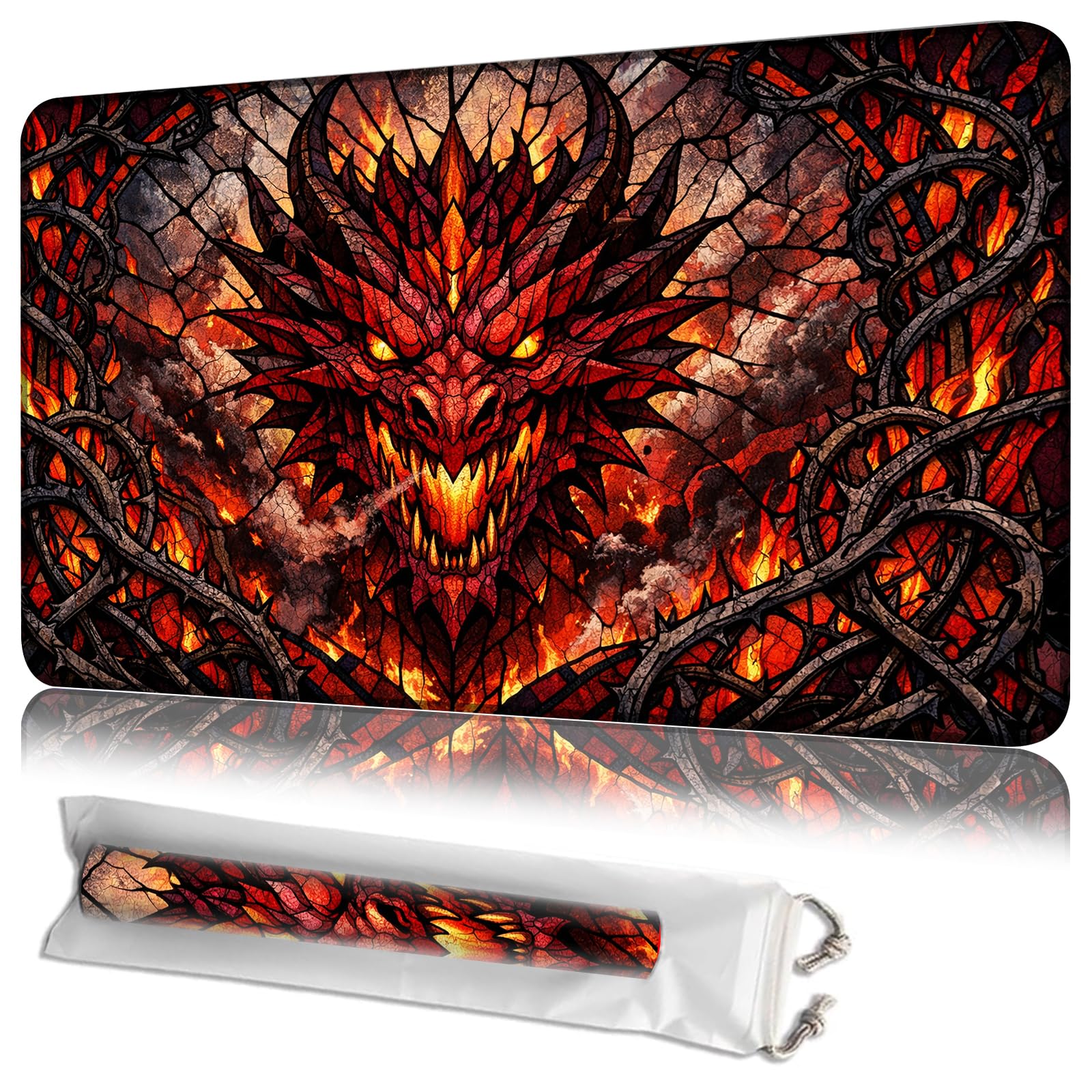 JANENFNA MTG Playmat 24"x14" with Storage Bag, Machine Washable Non-Slip Rubber Mat, 2mm Thick Stitched Edge for Magic The Gathering TCG Players, Stained Glass Red Dragon — image 1