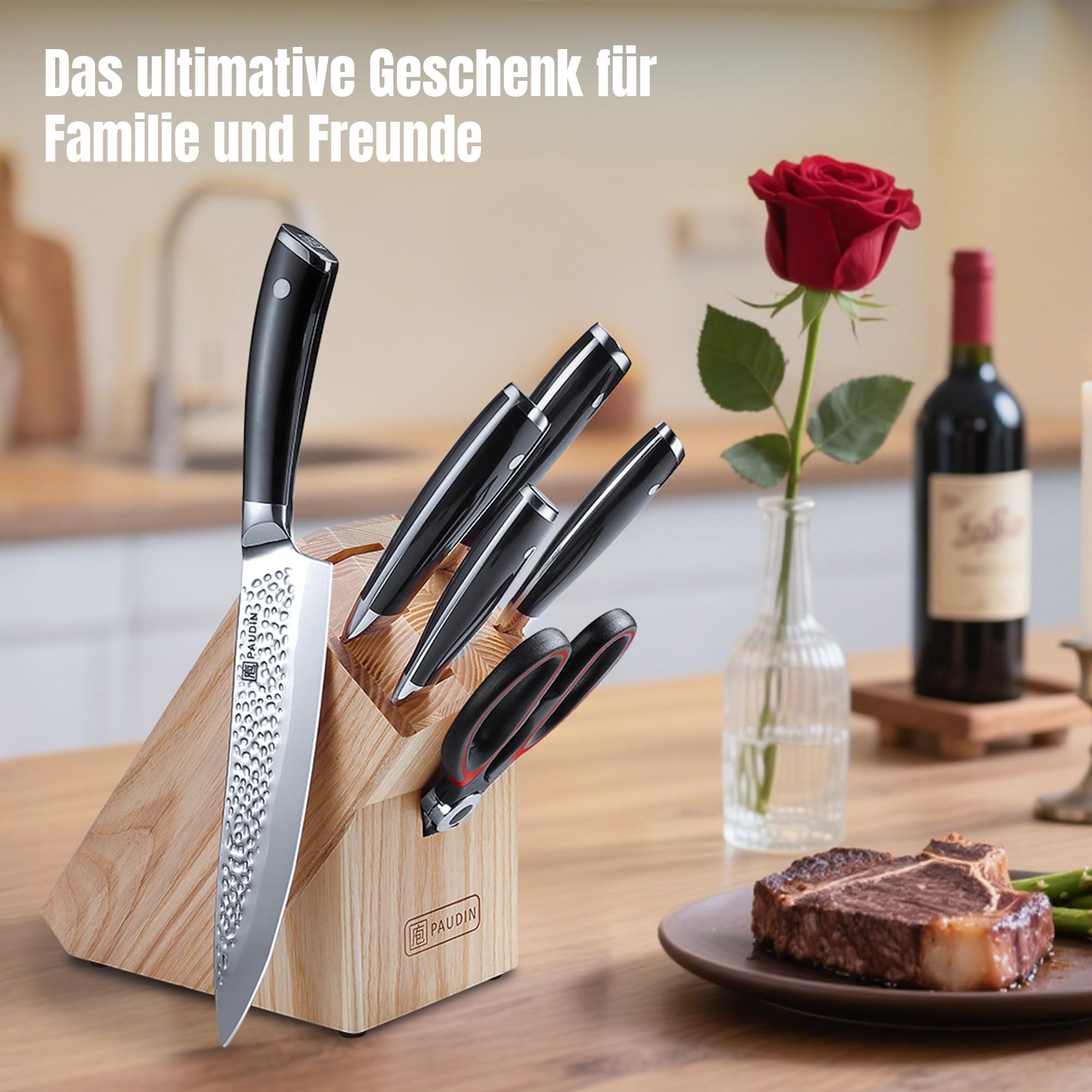 PAUDIN Bloque de cuchillos cuchillo, Juego de cuchillos de 7 piezas inoxidable al carbono juego de cuchillos de cocina profesionales, tijeras y bloque de madera, mangos ergonómicos
