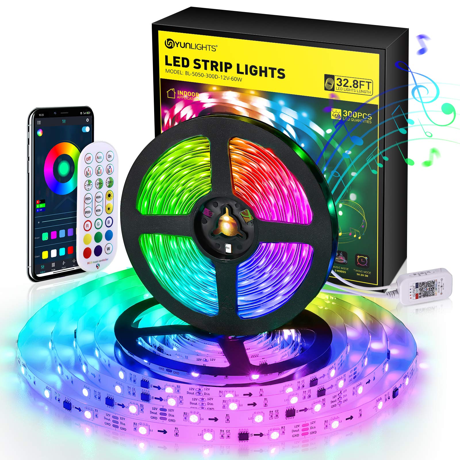 YUNLIGHTS LED Strip Lights, 32.8ft RGB LED Light Strips Kit, Color Changing LED Lights with Remote for Bedroom Kitchen Bar Home Christmas Decorations