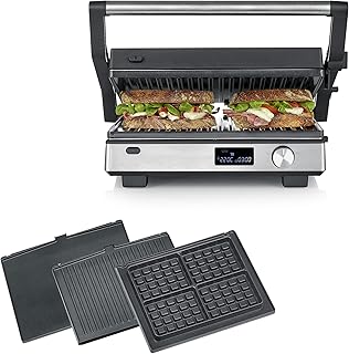 SEVERIN grill de contacto S-Joy Sevini FLEX, grill multicontacto 3 en 1, recubrimiento cerámico de óptima calidad, superficie XL, placas aptas para lavavajillas, 2000W, negro/acero inoxidable, KG 2380