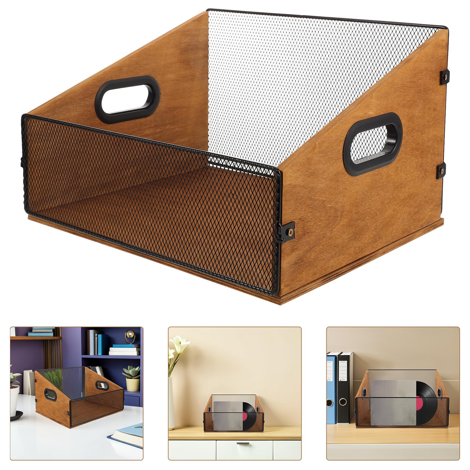 Healeved Cassa Porta Dischi in Vinile in Legno Massello con Manici Ergonomici, Contenitore Rustico da 36x30x21,5 Cm per Organizzazione Album e Supporti Multimediali, Custodia Portatile