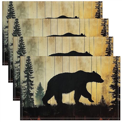 Juego de 4 manteles individuales con diseño de oso negro con animales salvajes, cabaña de madera rústica, naturaleza y vida silvestre, manteles