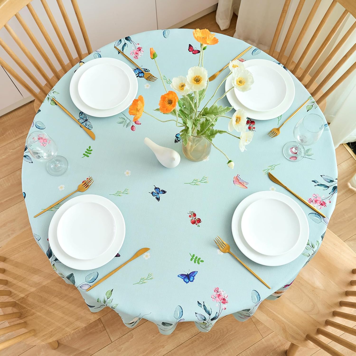Round Tablecloth 60 Inch Spring Floral Table Cloth Scalloped Edge Silky Soft Light Fabric Waterproof Wrinkle Free Washable Table Cover for Kitchen Dining Outdoor Birthday Patio Party Decor (Green)