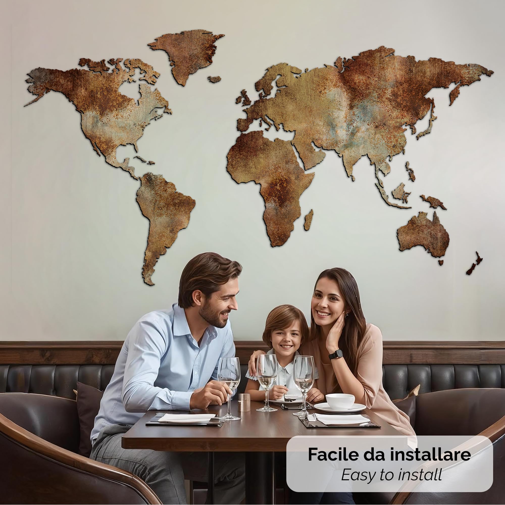 Giallobus - MAPA DEL MUNDO - EDICIÓN ESPECIAL - EFECTO DE ÓXIDO DE ESTILO INDUSTRIAL - DECORACIÓN PARED DE MADERA MDF - 190X105 CM