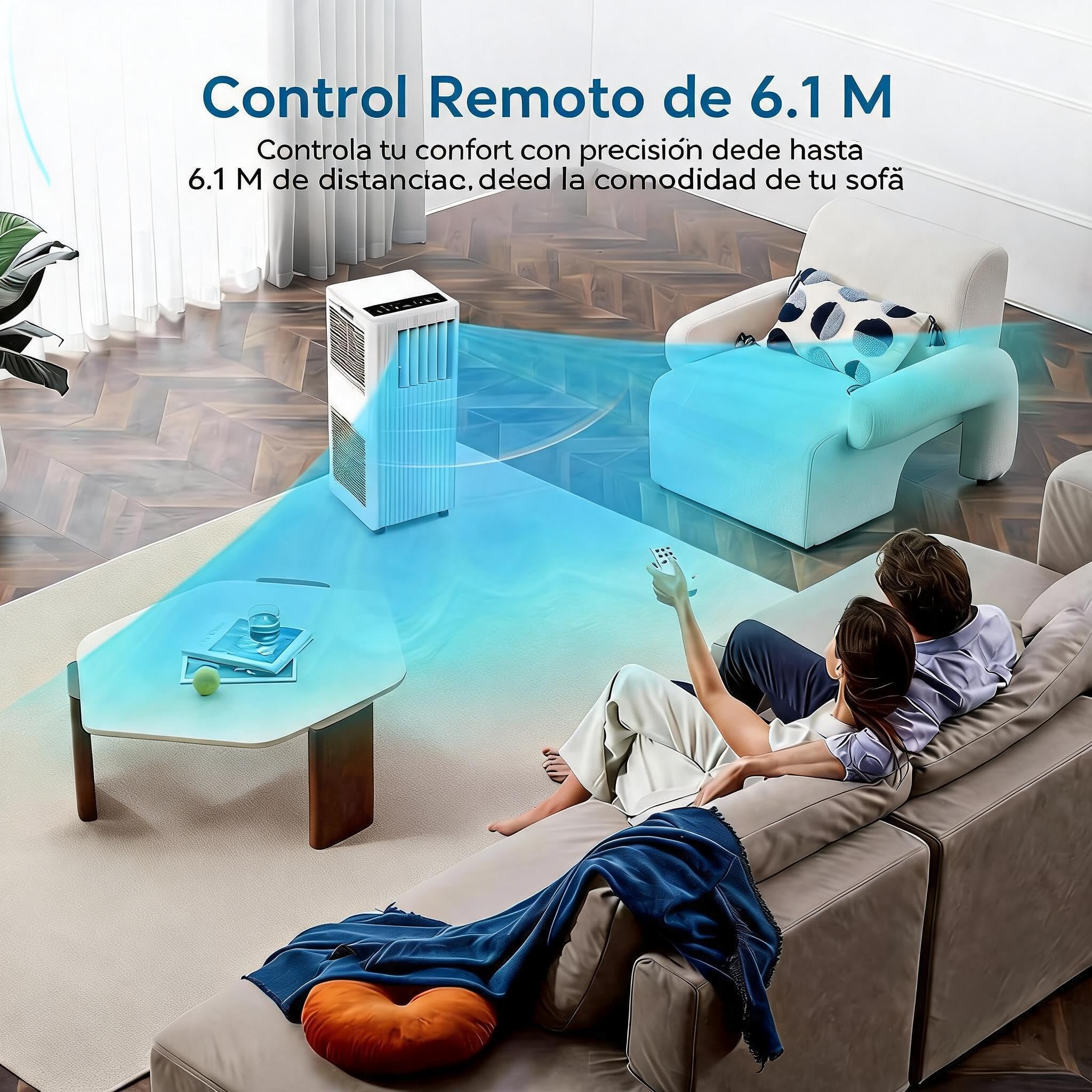 Aire Acondicionado Portátil 9000 BTU 3 en 1 – Enfriamiento Rápido, Deshumidificador, Ventilador – 2 Velocidades, Temporizador 24H, modo Sueño, Mando, Bajo Consumo, R290, Ruedas, hasta 32m²