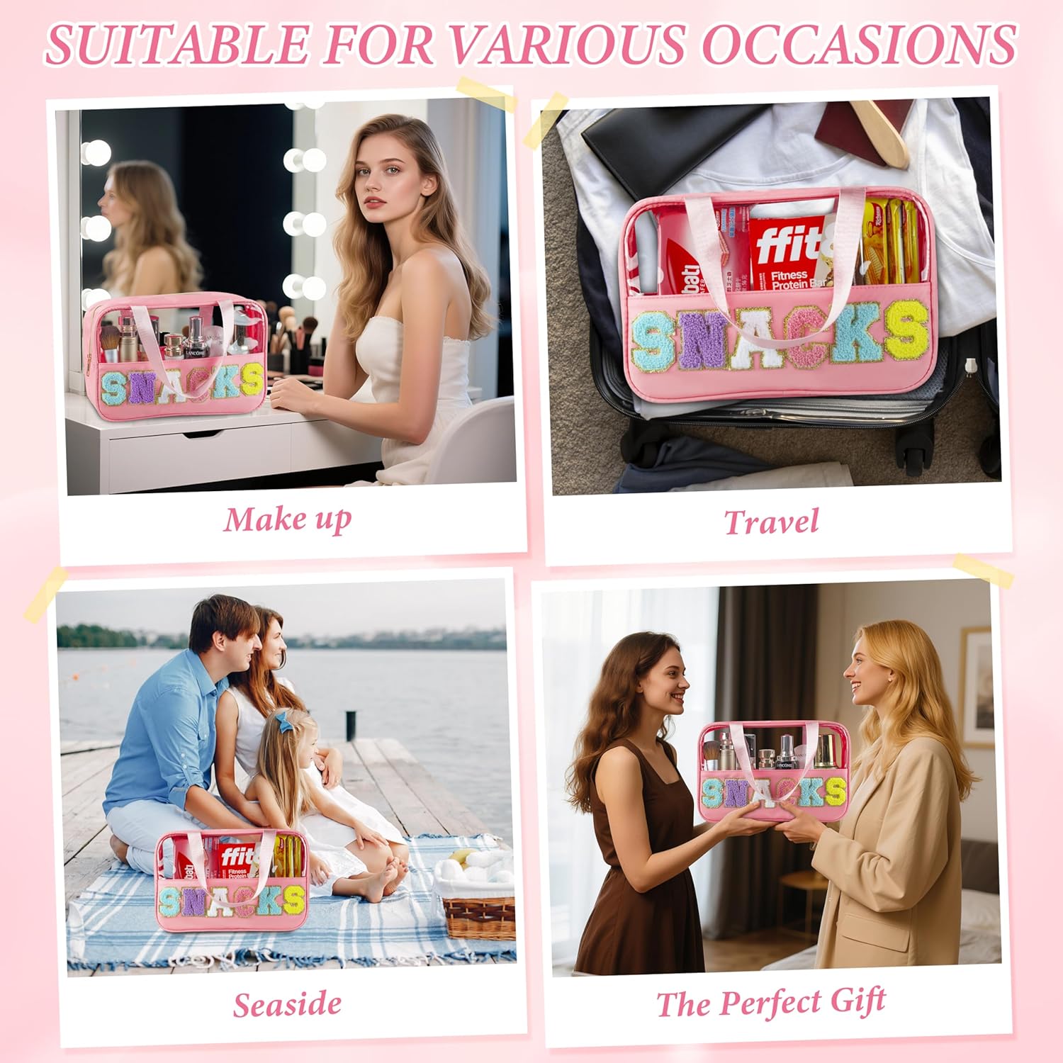 Snack Bag for Travel, Chenille Letter Clear Makeup Bag, 11.8" x 7.9" Nylon & PVC Waterproof Cosmetic Pouch with Handle and Zipper, Cute Preppy Storage Organizer Pouches for Women Girls (Pink) - Image 7