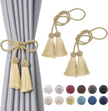 NICEEC 2 Pack Double-Ended Tassel Curtain Tiebacks Handmade Braided Rope Knot Drapery Holdbacks European Style Decorative Curtain Tie Backs for Home & Office Window Drapes Gold