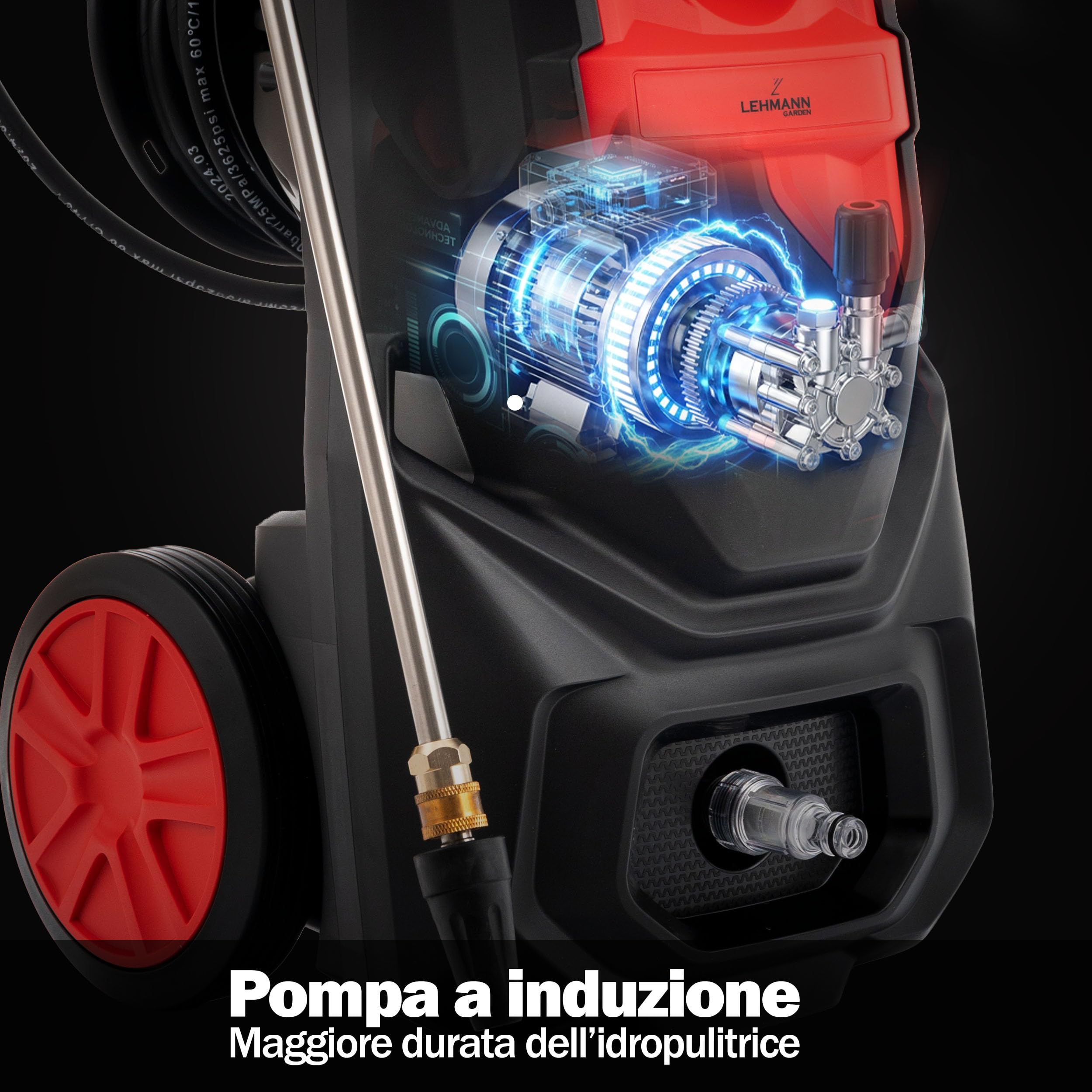 LEHMANN Idropulitrice Phoenix, 3000 W, max. 260 bar, Portata 480 l/h, Raggio d'azione 17 m, Motore a induzione, Lancia schiuma & 5 Ugelli intercambiabili, per Auto ed Esterni di Casa, Nero/Rosso