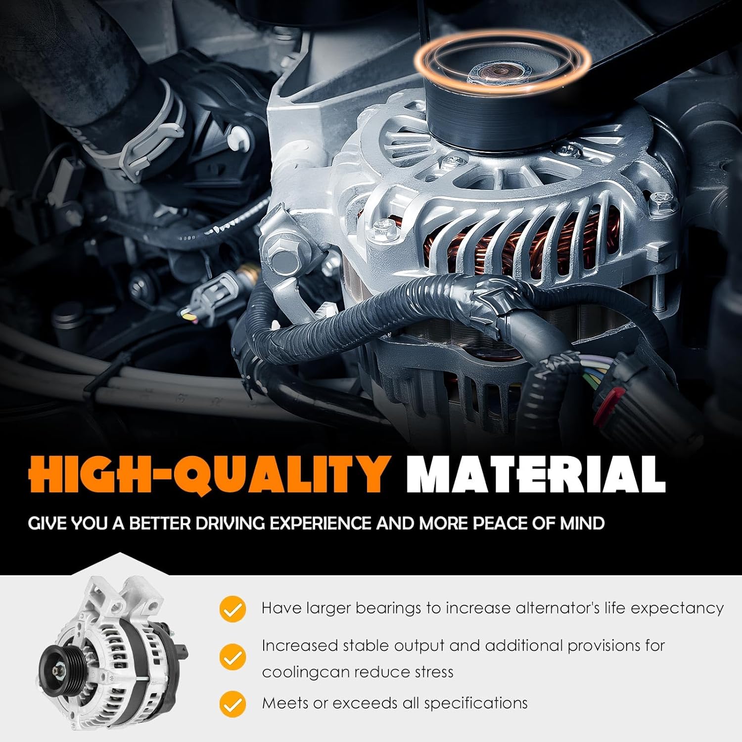 155Amp New Alternator Fit for 3.6L 08-09 13-16 Chevrolet Equinox, 08-12 Malibu,13-16 GMC Terrain, 08-09 Pontiac Torrent/Saturn Aura/Saturn Vue, 07-09 Suzuki XL-7 w/Standard Equipment AND0472