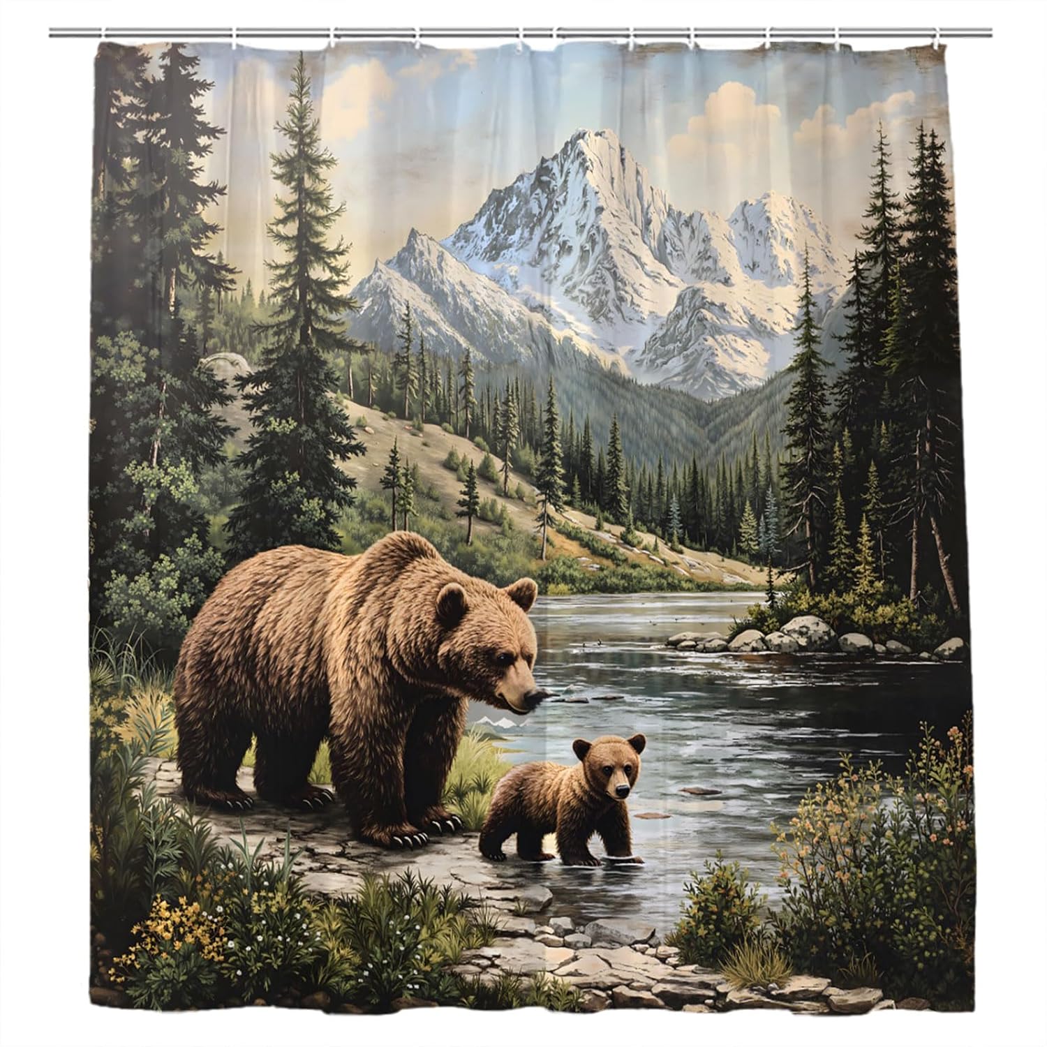 Forest Bear Shower Curtain Misty Mountains Lake Wildlife Farm Rustic National Jungle Rainforest Stream River Rock Natural Landscape Rustic Farmhouse Camp Bathroom Decor Curtains 94x70 inch with Hook