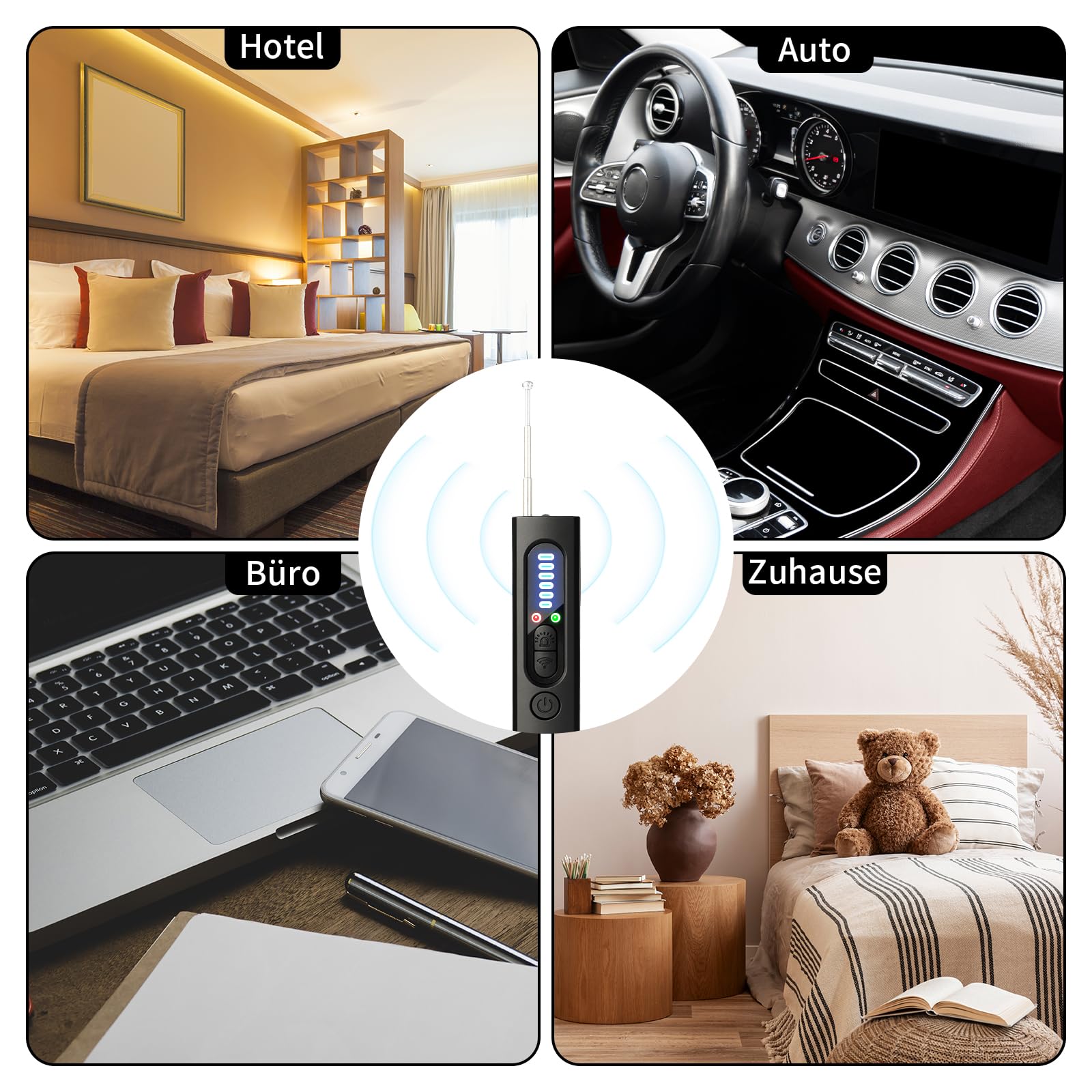 Rilevatore Microspie Senza Fili 4 in 1 - Detecțeur Telecamere Nascoste, GPS, RF e GSM, Rivelatore di Dispositivi di Ascolto, Rilevatore di insetti con 5 Livelli di Sensibilità per Hotel, Ufficio, Casa