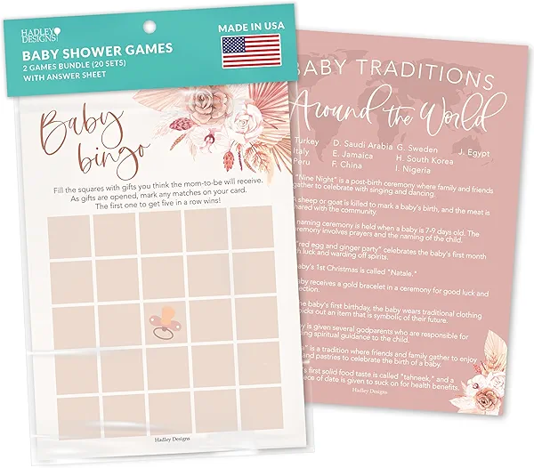 Hadley Designs 20 Boho Baby Shower Games for Girl-Hilarious Funny Baby Shower Games Bingo Game Girl, Baby Girl Baby Shower Tradition Cards