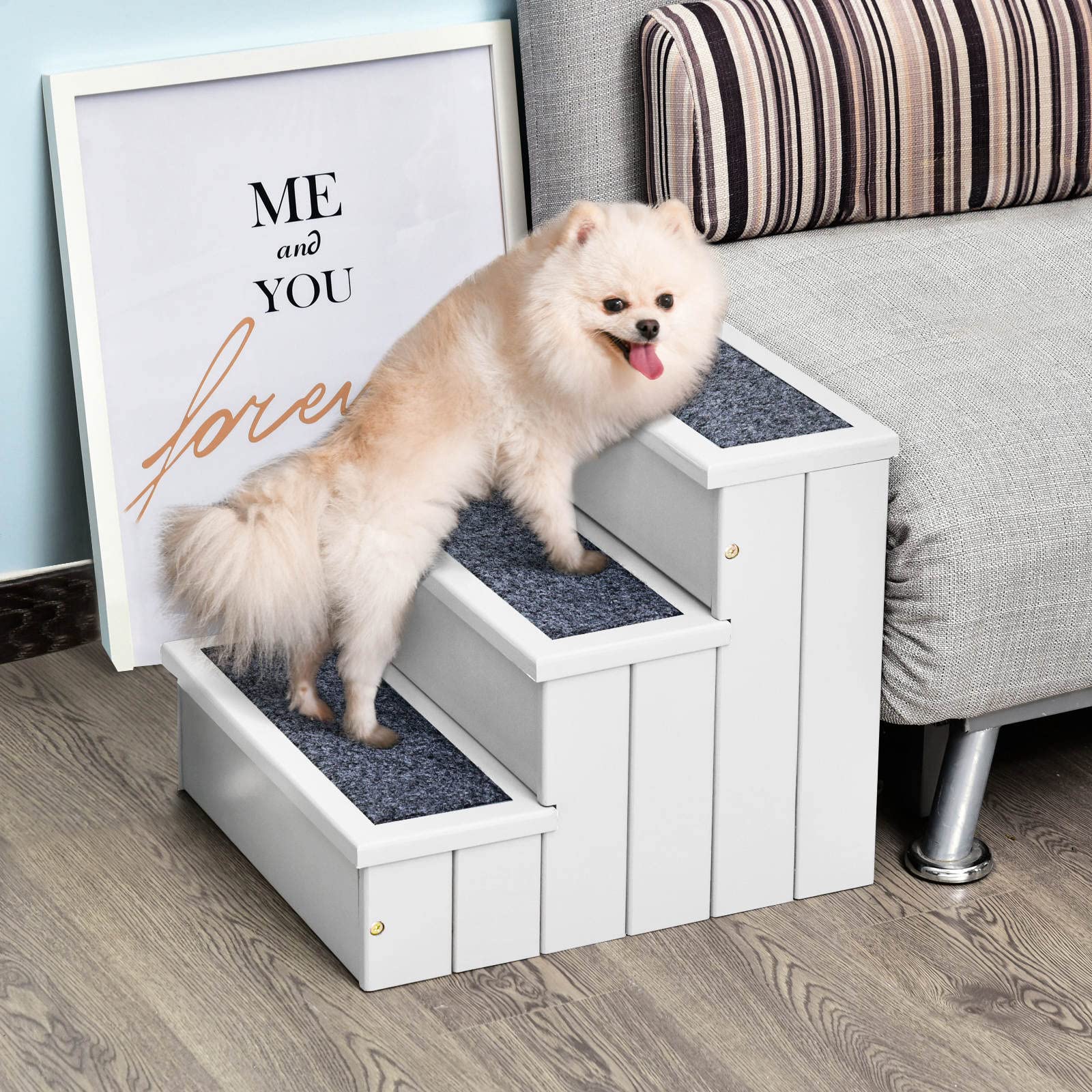 PawHut Escalera para Mascotas de Madera 3 Peldaños 40,5x44,5x38 cm Blanco | Escalera para Perros, Espacio de Almacenaje, Alfombra Antideslizantes, Carga 30 kg