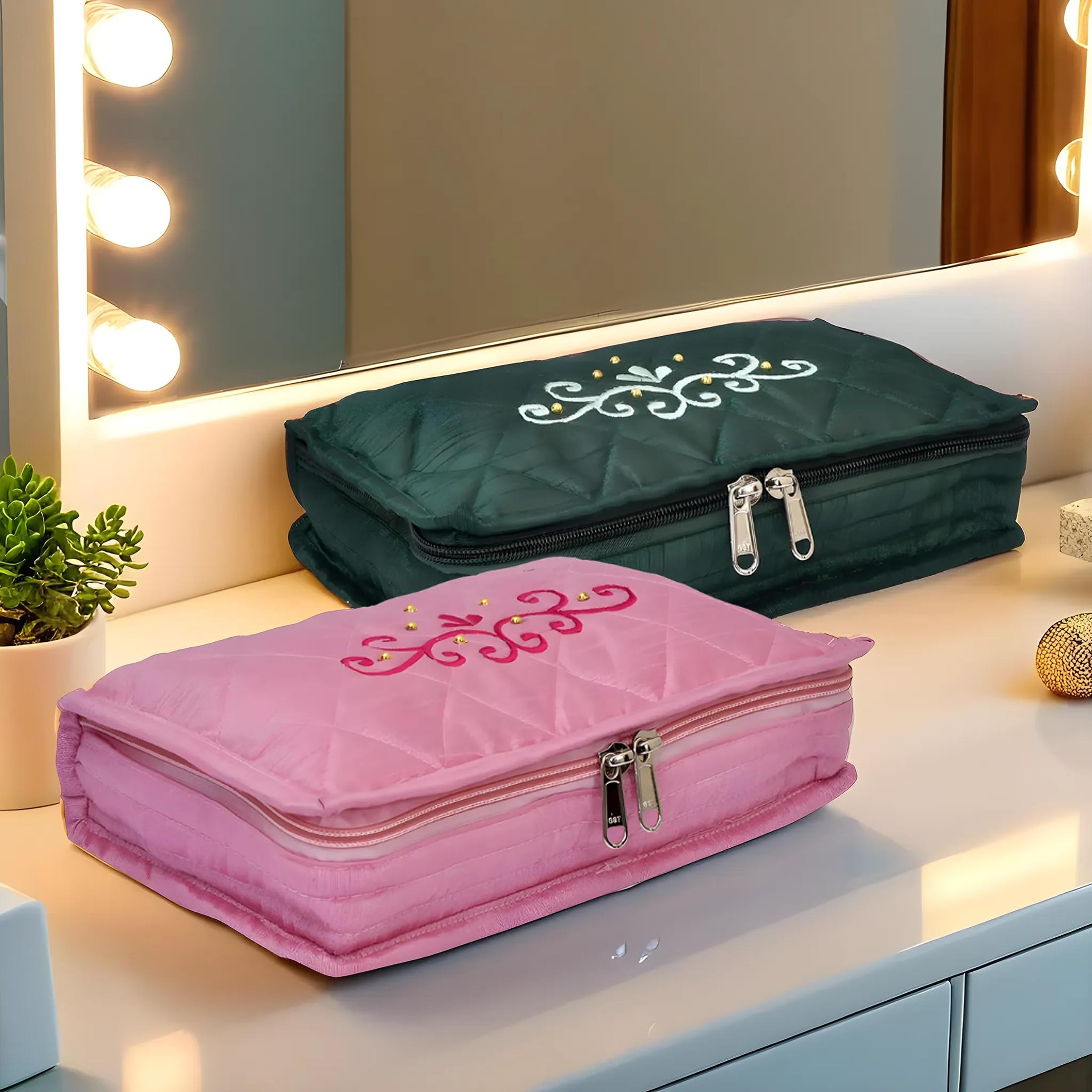 Kuber Industries Embroidery Design Satin Jewellery Pouch Cum Makeup Kit, Pack of 2 (Green & Pink) (B08DYTS6M2) Amazon Price History, Amazon Price Tracker