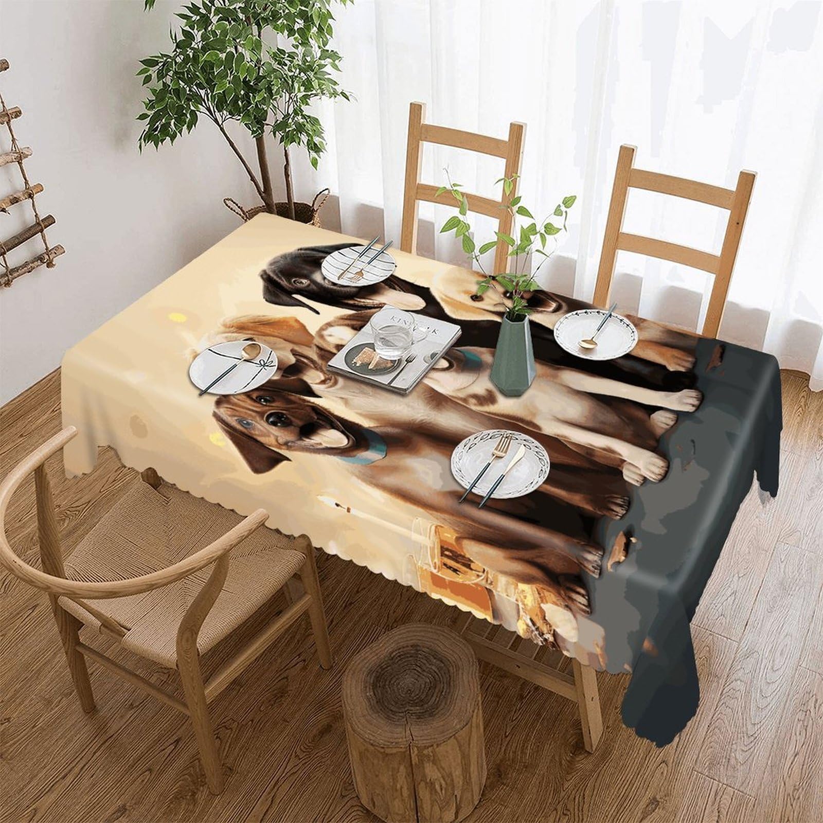 FekiLoot Dogs Happy Party Tablecloths for Rectangle Tables Wipeable Spillproof Polyester Table Cloth Wrinkle Free Farmhouse Dining Tables Cover Elegant Vintage Decor Tablecover