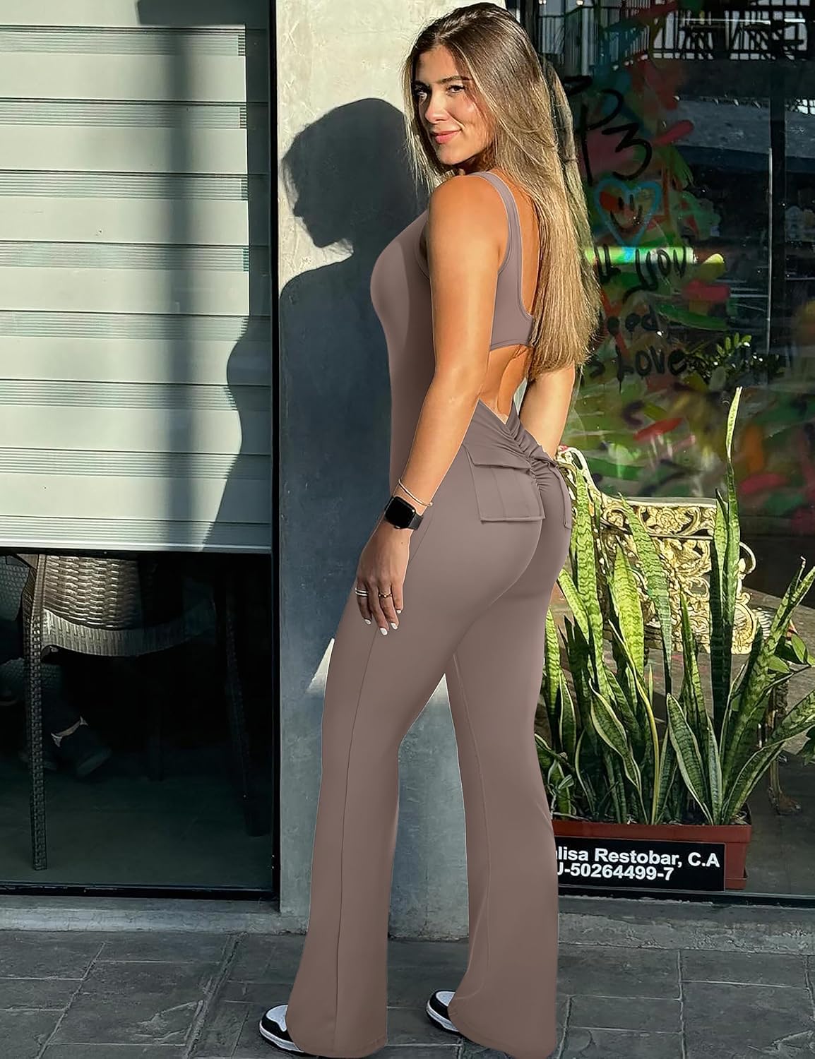 OLCHEE Womens Flare Jumpsuits One Piece Seamless Butt Scrunch Workout Romper Square Neck Backless Wide Leg Unitard - Image 2