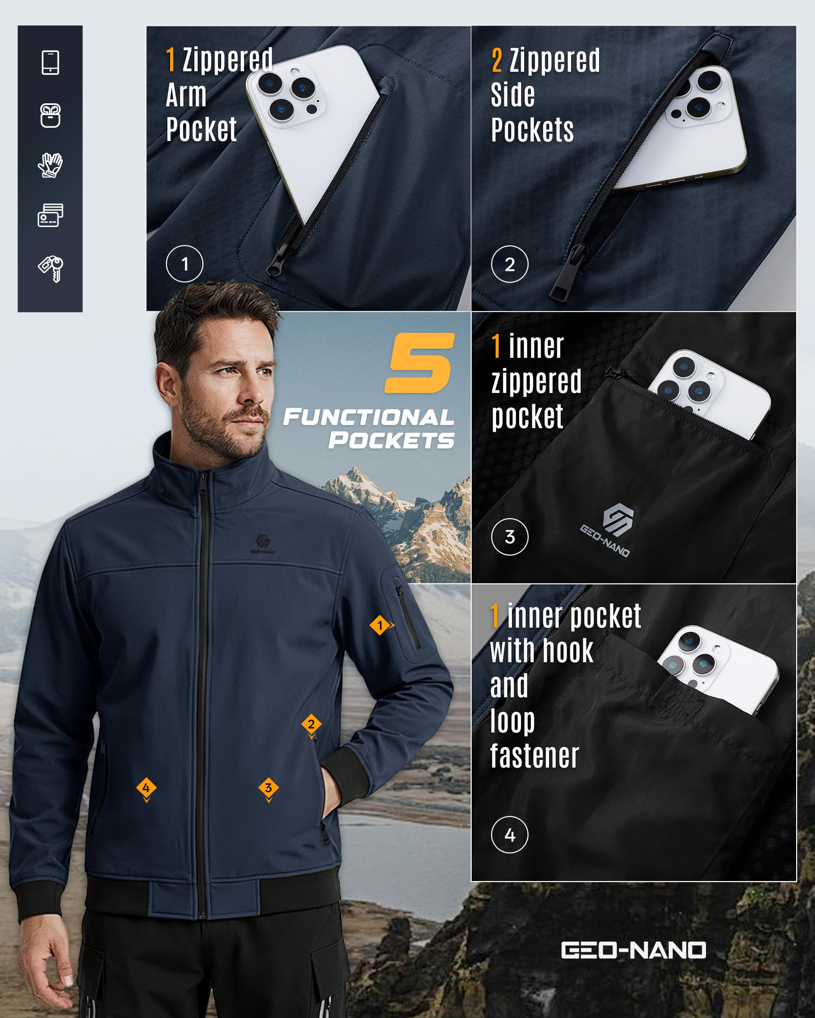 Herren SoftshellJacke Wasserdicht Fleece Gefütterte Übergangsjacke