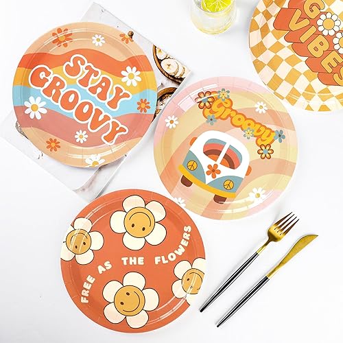 Miniatura 3 de Groovy - Platos de papel para fiesta de estilo bohemio, desechables, de 9 pulgadas, pastel de cumpleaños de los años 70, platos llanos de flores de