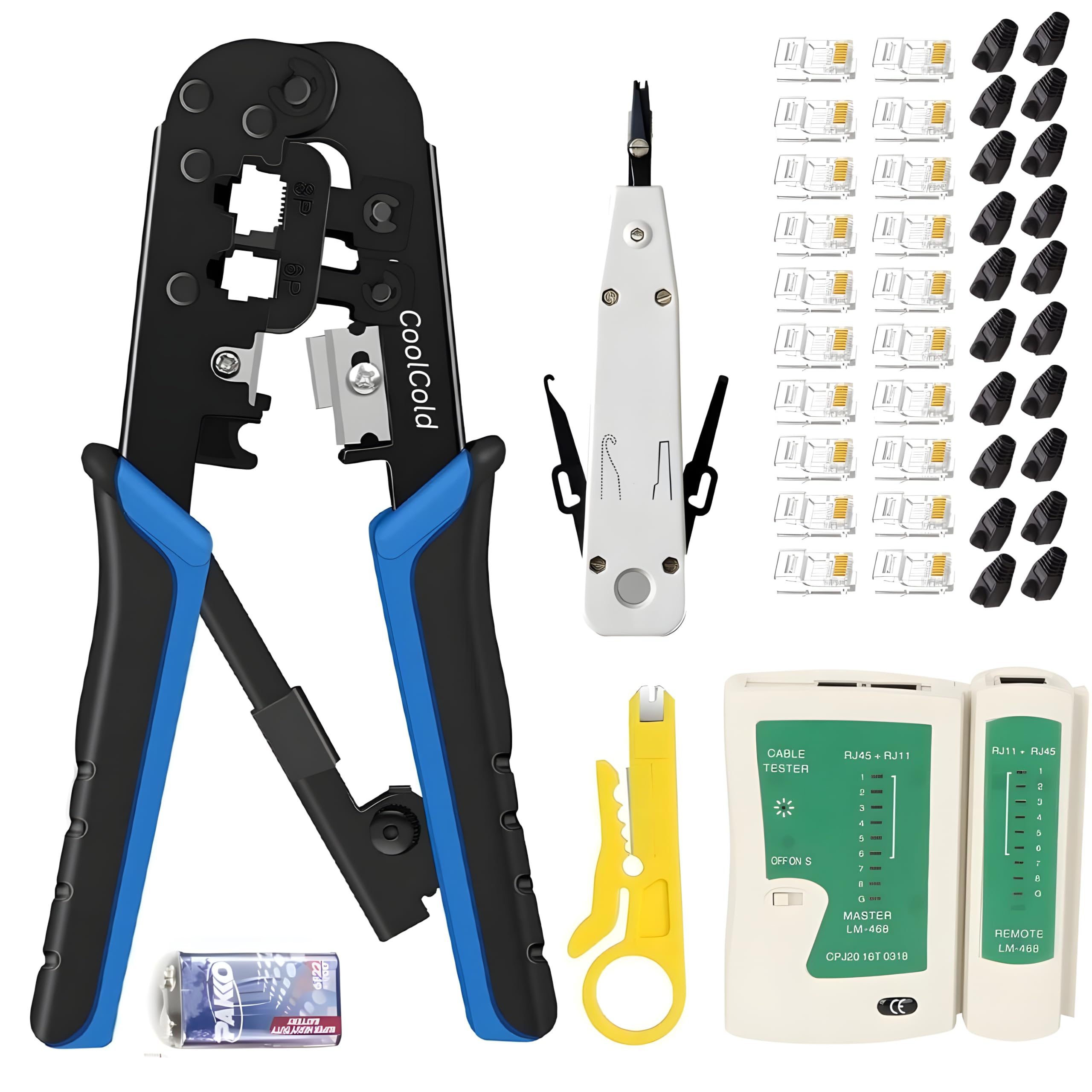 COOLCOLD Crimping Tool RJ45, Tools kit, Ethernet Crimp Set, RJ-11, 6P/RJ-12, 8P/RJ-45 Crimp, Cut and Strip with 50PCS rj45 Connectors, 50pc Boots,1 Lan Tester, 1 Wire Stripper and 1 Krone Tool