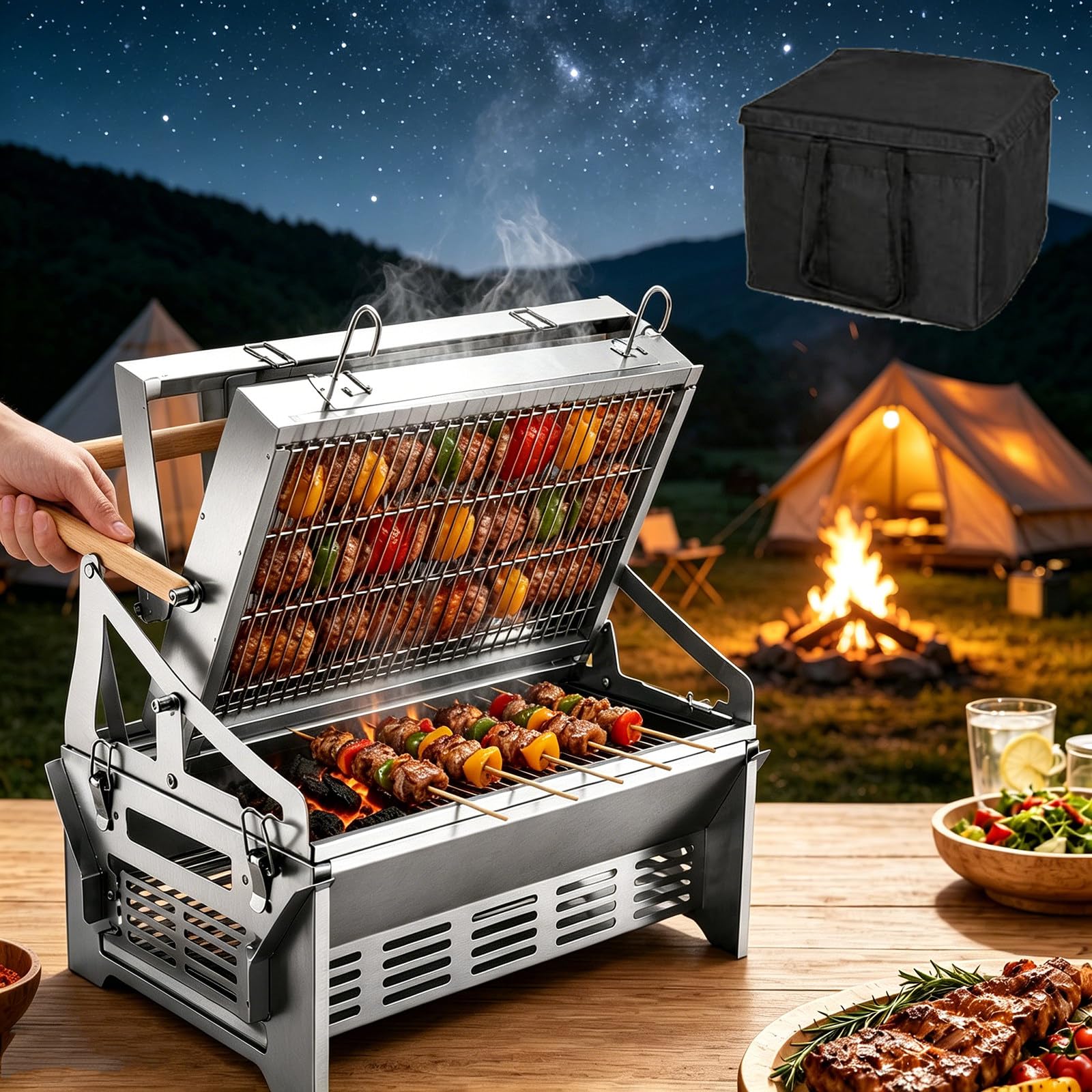 Mothdust One Color 2 In 1 Stainless Steel Flipping Charcoal Grill 360 Rotating