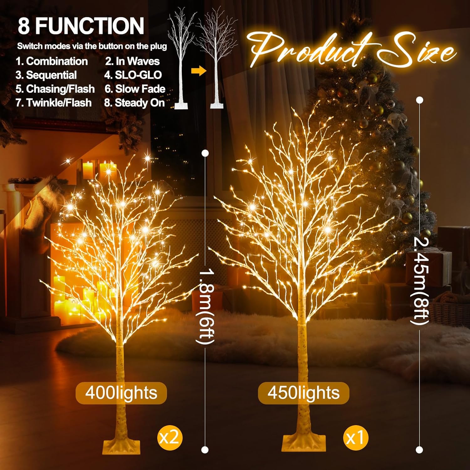 3 pcs 6ft-400led, 8ft-450led lighted birch tree 8 modes christmas artificial led warm white lights birch tree for indoor and outdoor home decor thanksgiving holiday decoration 3 6ft 8ft
