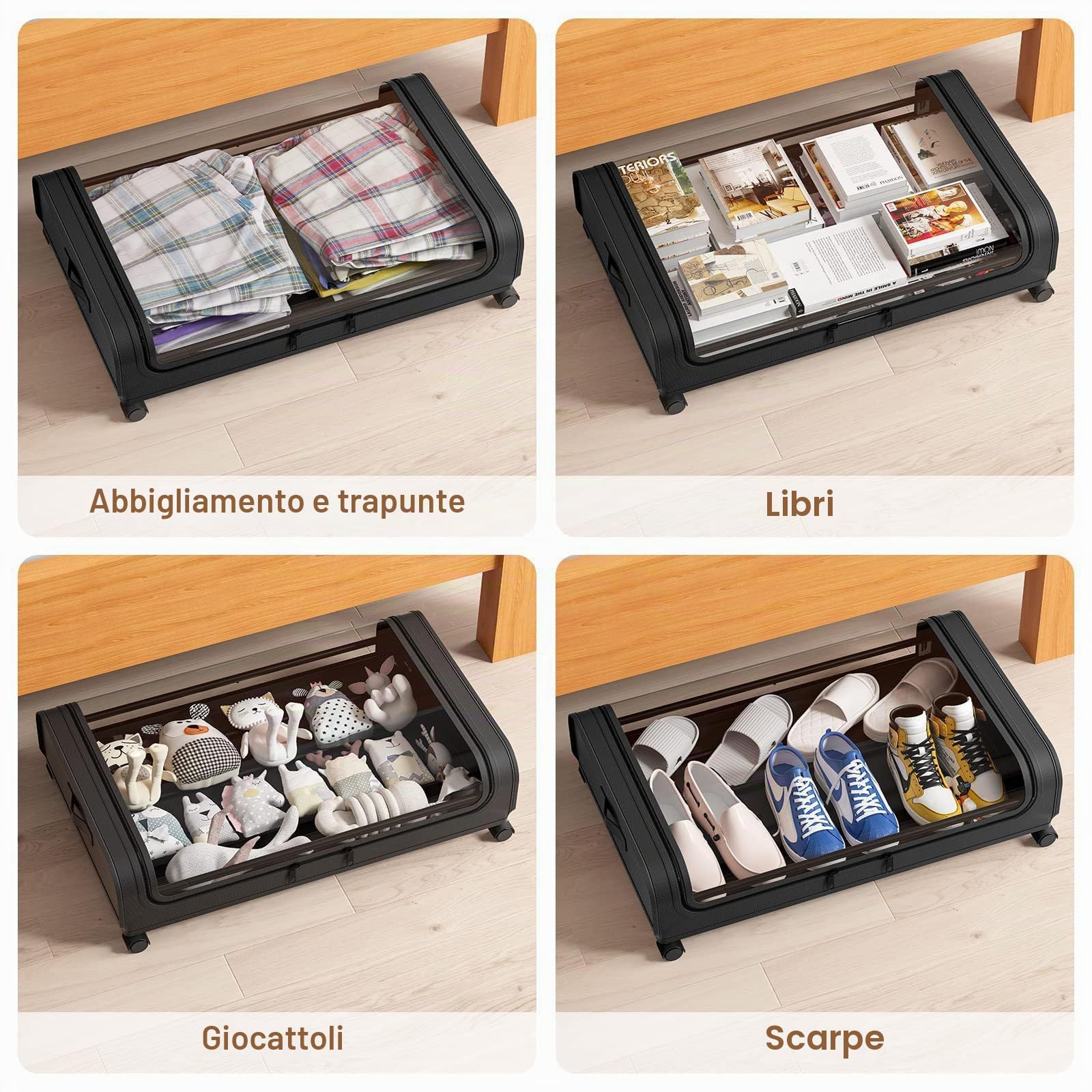 Contenitore Vestiti Telaio in Metallo Scatola, Contenitori Vestiti in Scatola Sotto Il Letto, Contenitori Sottoletto con Ruote Scatole, per Abbigliamento, Scarpe, Nero