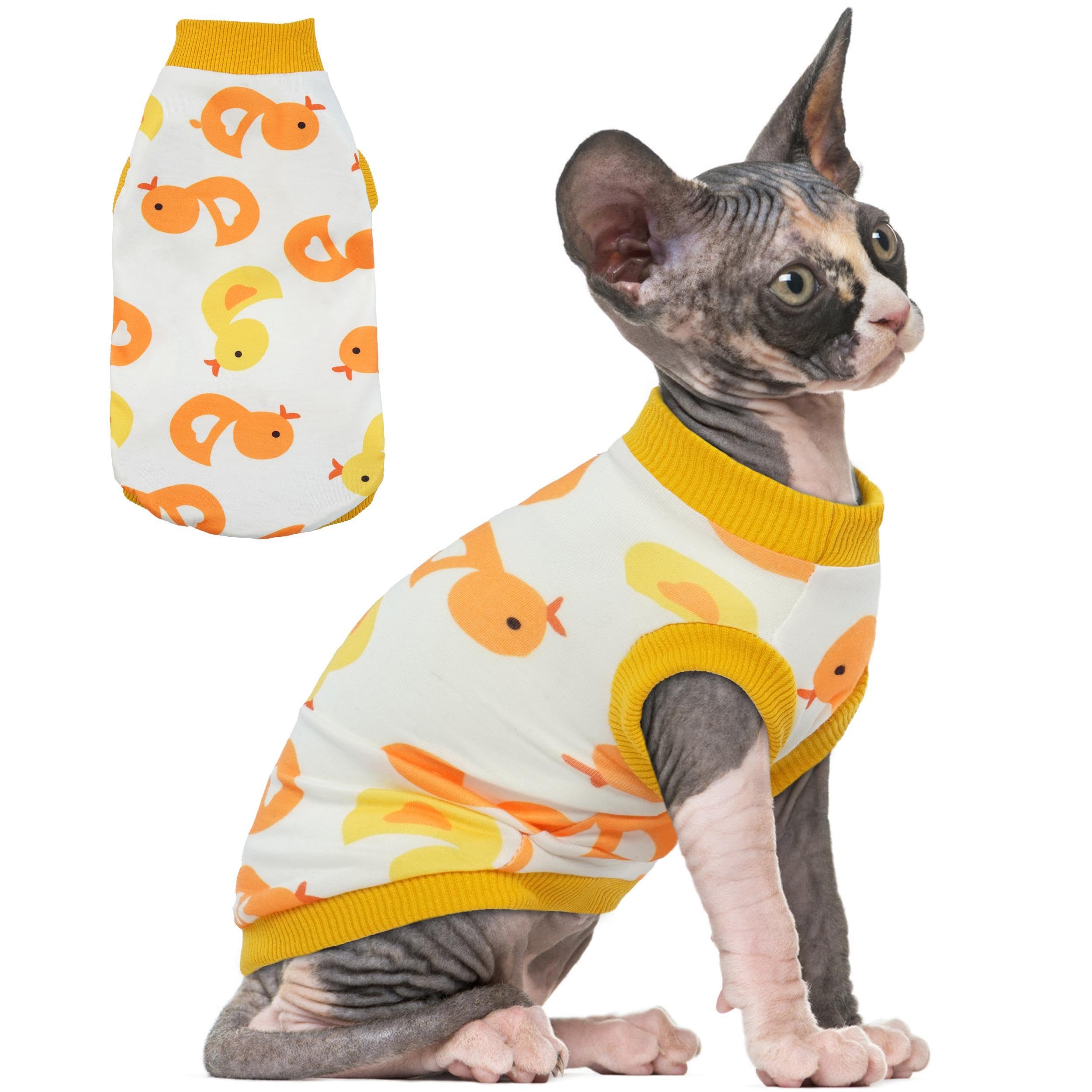 PUMYPOREITY Sphynx Cat Clothes - Stretchy Sweater, Soft Shirt, Pullover Pajamas, Turtleneck for Sphynx, Cornish Rex, Devon Rex - Yellow, XS