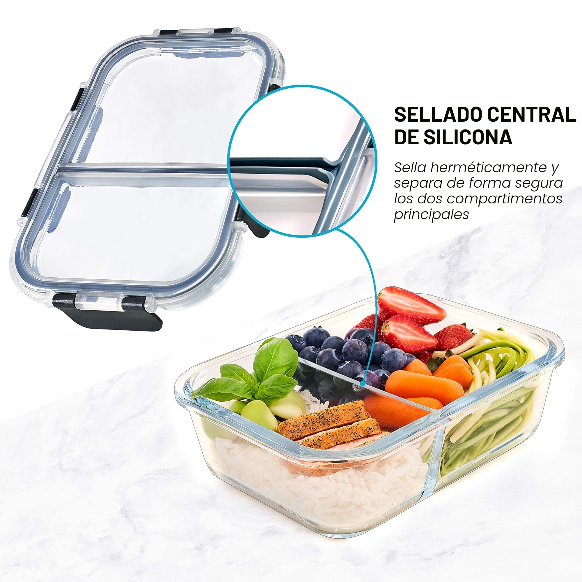Igluu Meal Prep Recipientes de Cristal (Set de 3) 2 Compartimentos – 980ml | Tapa Hermética y Sin BPA – Horno, Freidora de Aire, Microondas, Congelador y Lavavajillas – Vidrio de Borosilicato