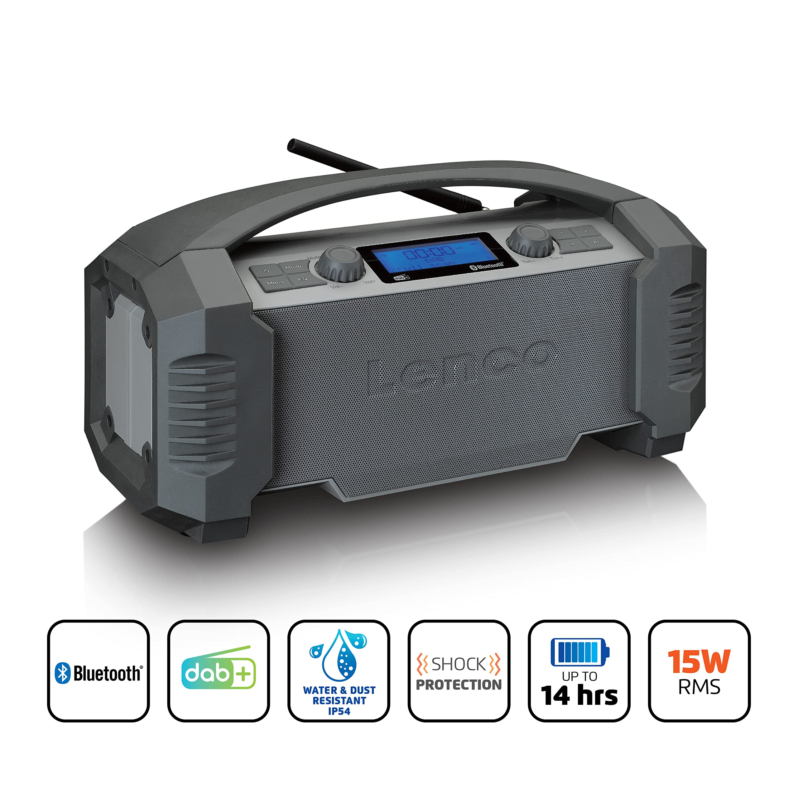 Lenco ODR-150 Radio de Chantier Dab+ - Bluetooth 5.0, récepteur FM IP54, étanche - 15 W -Batterie RMS - avec Chargeur - AUX-in - USB - 2500 mAh - Gris