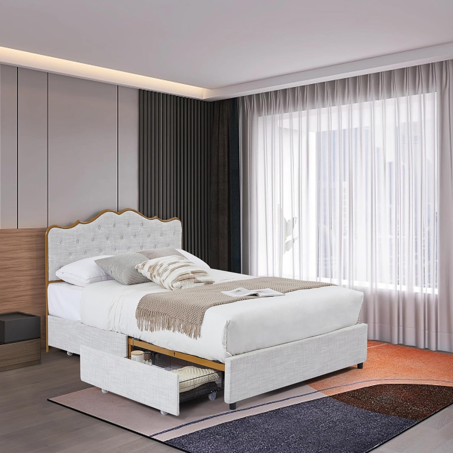 Dolonm Full Size Classic Buckle Backrest Platform Bed Frame with Four Storage Drawers Metal Frames Bed Foundation with Wooden Slats Support, Gray Leather Sponge Soft Bag Beds Buckle and Drawers Grey Full