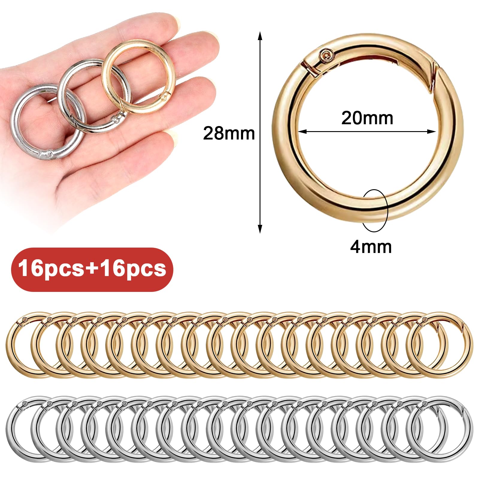 32 mosquetones redondos de 28 mm para bolsos, gancho, hebilla llavero, mochilas, carteras, equipaje, correas, manualidades (plateado y dorado)