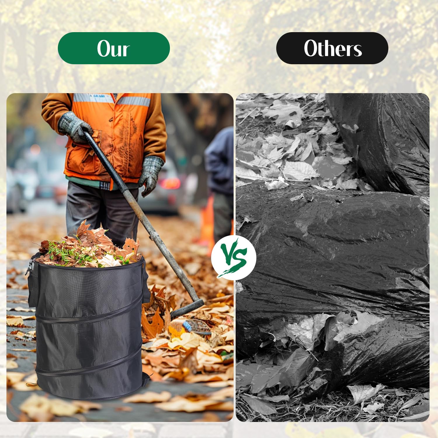 Tissting Bolsas de Basura Sacos de Jardín, 38L 34cm Saco de Jardín Tela Oxford Bolsa Jardin Plegable Bote de Basura para Acampar para Hojas, Restos de Poda y Residuos de Plantas Verde Militar