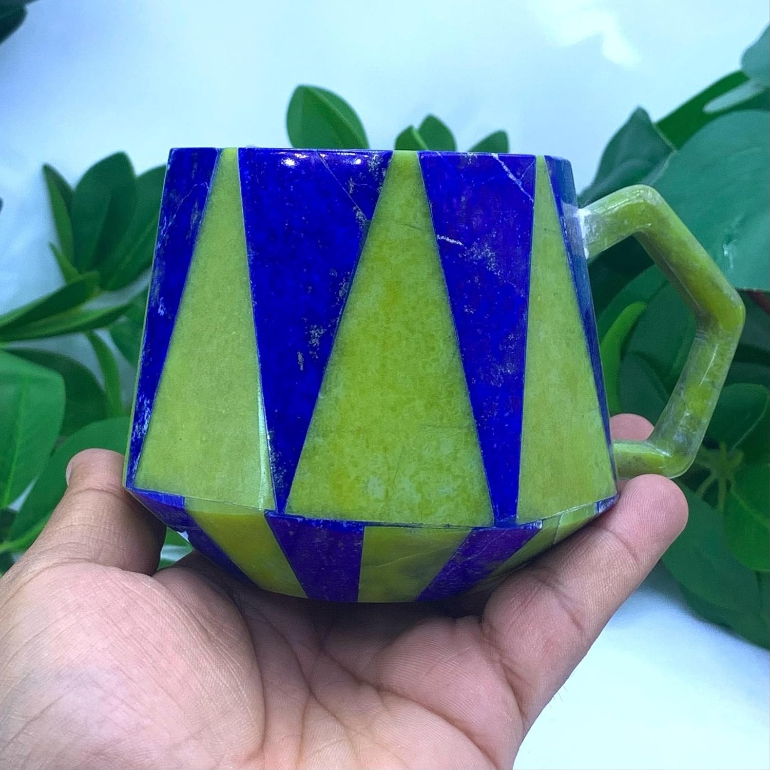 Geometric Mosaic Mugs, Lapis Lazuli and Shah Maqsood Jade Stone, Blue and Olive Green Triangle Pattern, Handcrafted (1)